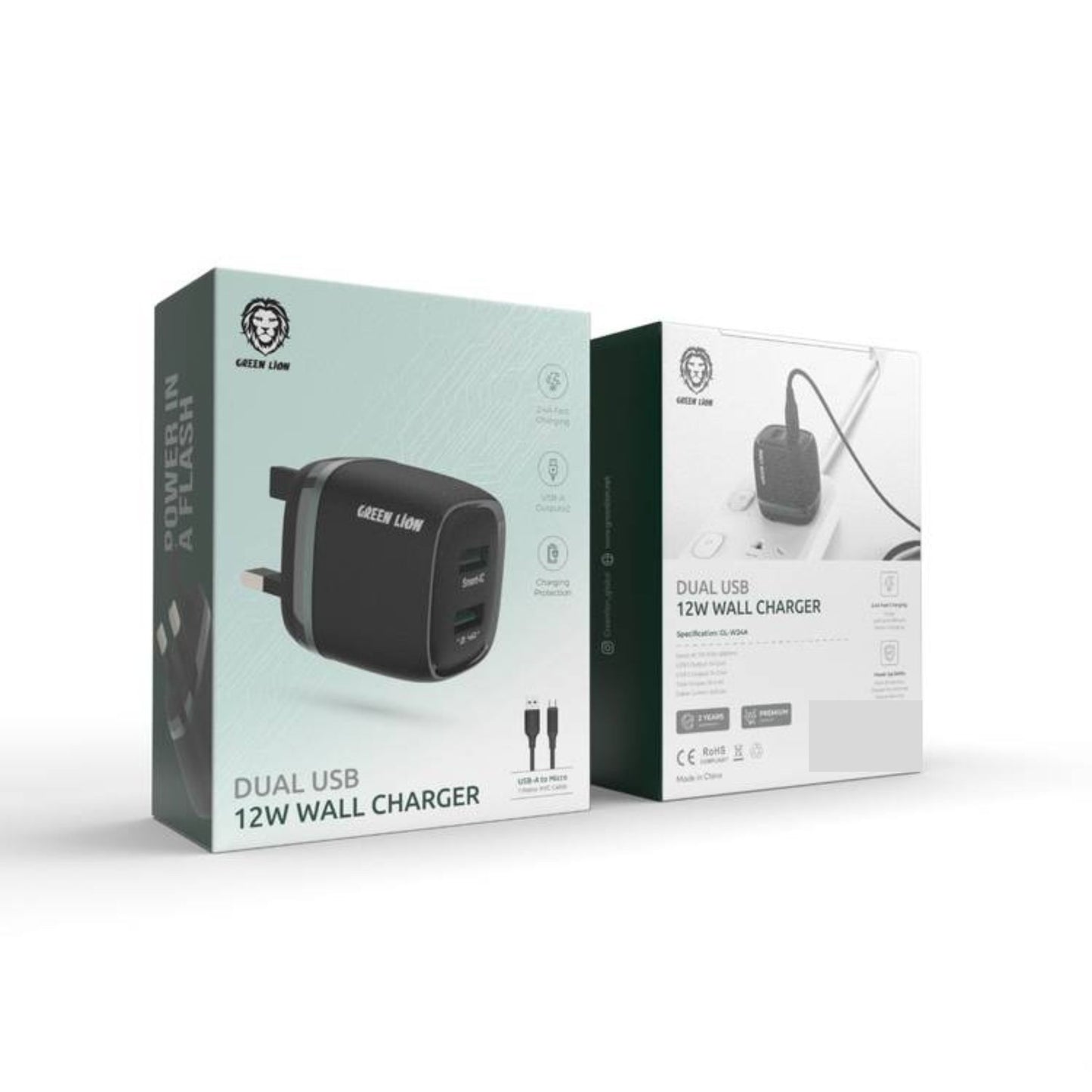 Green Lion Dual USB 12W Wall Charger With USB-A To Micro Cable 1M UK - Black