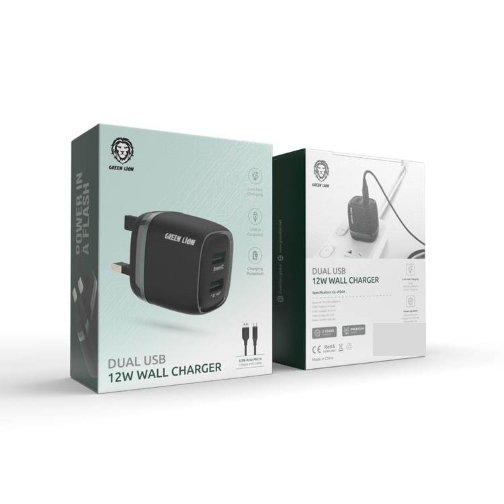 Green Lion Dual Port Wall Charger with USB-A to Micro Cable Type, 1m Cable Length, 3-Pin UK Plug, 12W Power, 2.4A Fast Charging, ×2 USB-A Ports, Charging Protection, Multi-Device Charging, Portable Design - Black