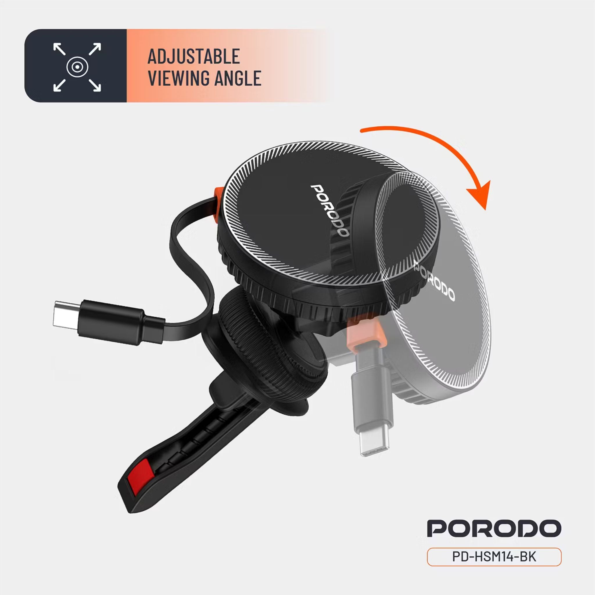 Porodo MagSafe Charger with Retractable Type-C Cable, 15W, 12-24V, 5V/2A, 9V/2A 18 W USB-C Input, 5 W, 7.5W, 10W, 15W Wireless Output, Compatible with 4.7-6.9" Smartphones - Black