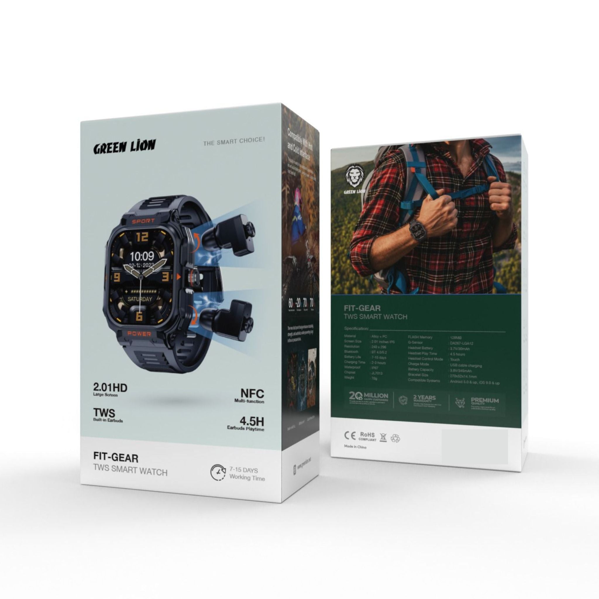 Green Lion Fit-Gear TWS Smart Watch - Black - 2.1 Inch
