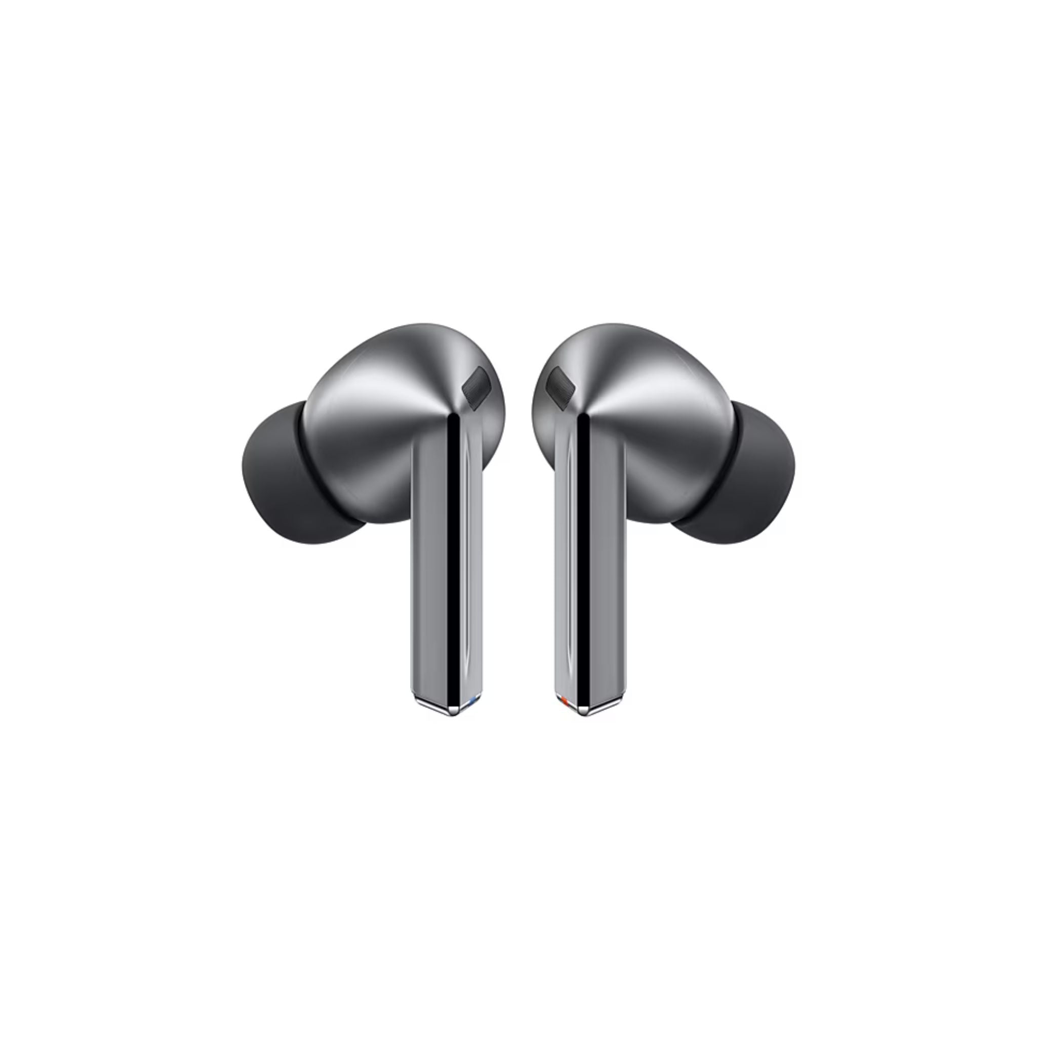 A pair of Samsung Galaxy Buds3 Pro in-ear wireless Bluetooth headphones in silver color.