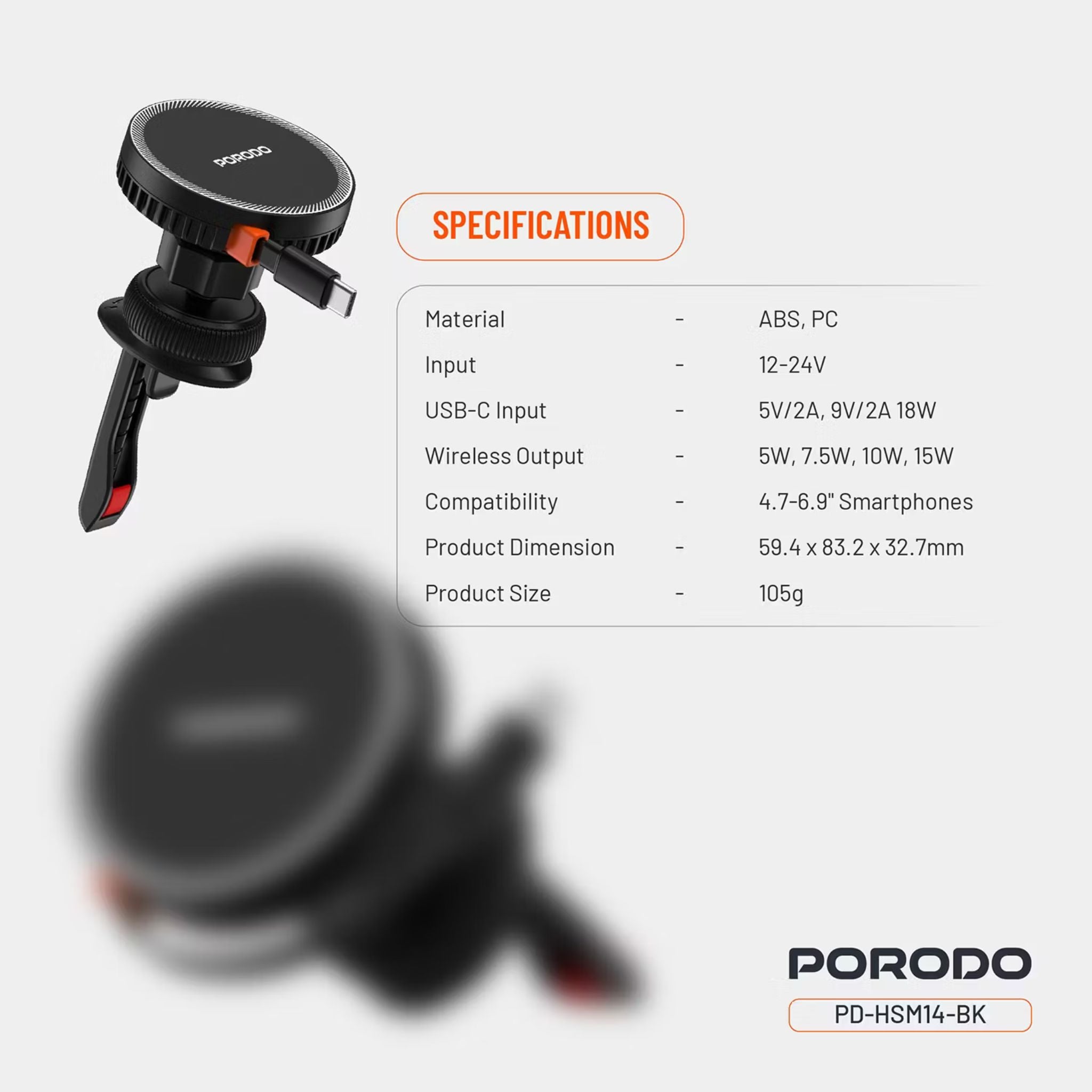 Porodo MagSafe Charger with Retractable Type-C Cable, 15W, 12-24V, 5V/2A, 9V/2A 18 W USB-C Input, 5 W, 7.5W, 10W, 15W Wireless Output, Compatible with 4.7-6.9" Smartphones - Black