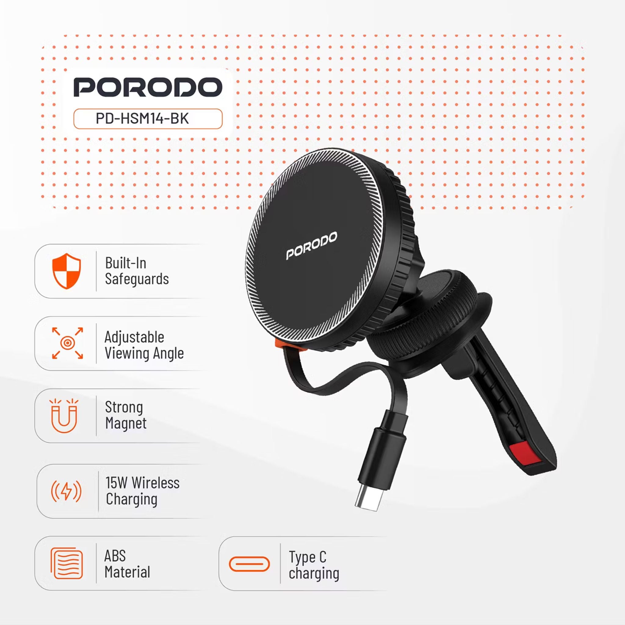 Porodo MagSafe Charger with Retractable Type-C Cable, 15W, 12-24V, 5V/2A, 9V/2A 18 W USB-C Input, 5 W, 7.5W, 10W, 15W Wireless Output, Compatible with 4.7-6.9" Smartphones - Black