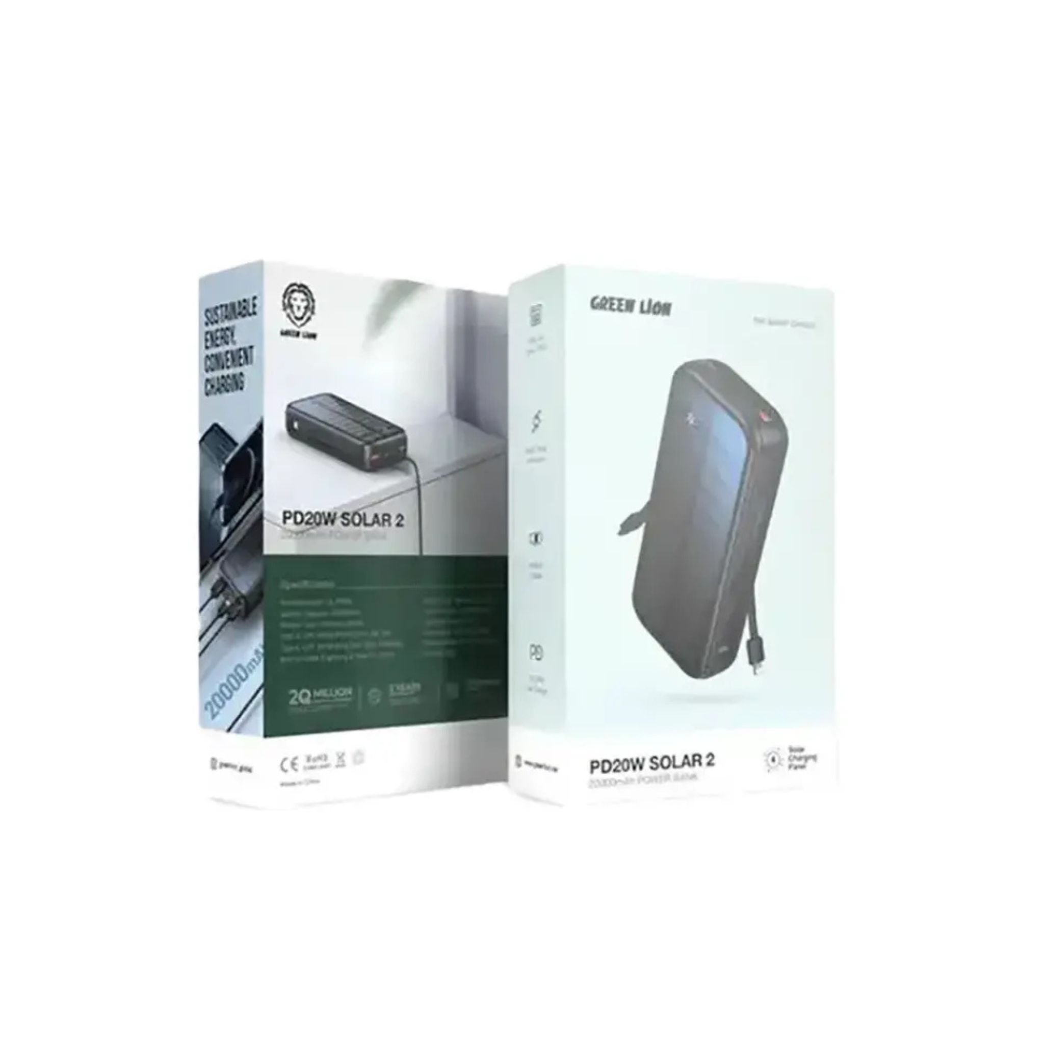 Green Lion PD2OW Solar 2 20000mAh Power Bank, Built-in Type-C & Lightning Cables, Short Circuit and Overvoltage Protection - Black
