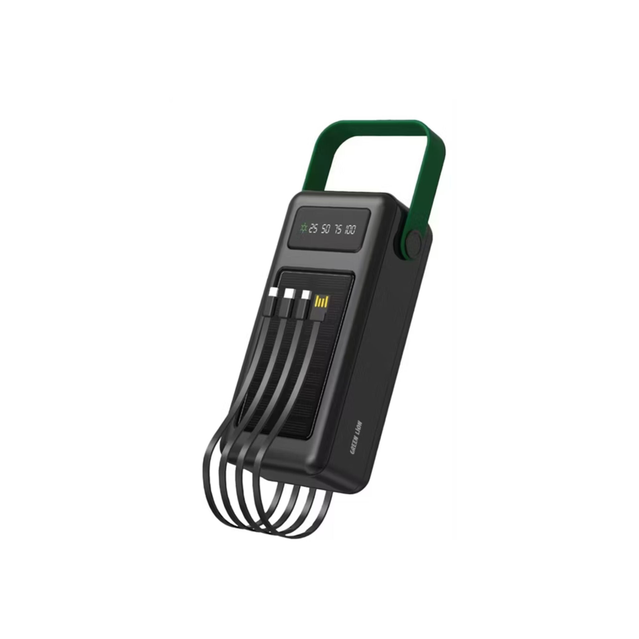 Black electronic device with multiple charging cables on a white background