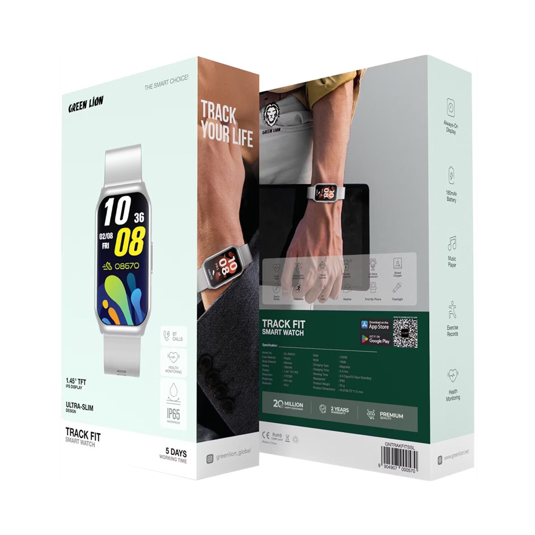 Green Lion Track Fit Smartwatch 1.45” TFT IPS Display, Bluetooth 5.2, Magnetic Charging, 3–5 Days Battery Life, IP65 Water Resistant, Health & Fitness Tracking, Sport Modes, Flashlight, Bluetooth Calling-Silver