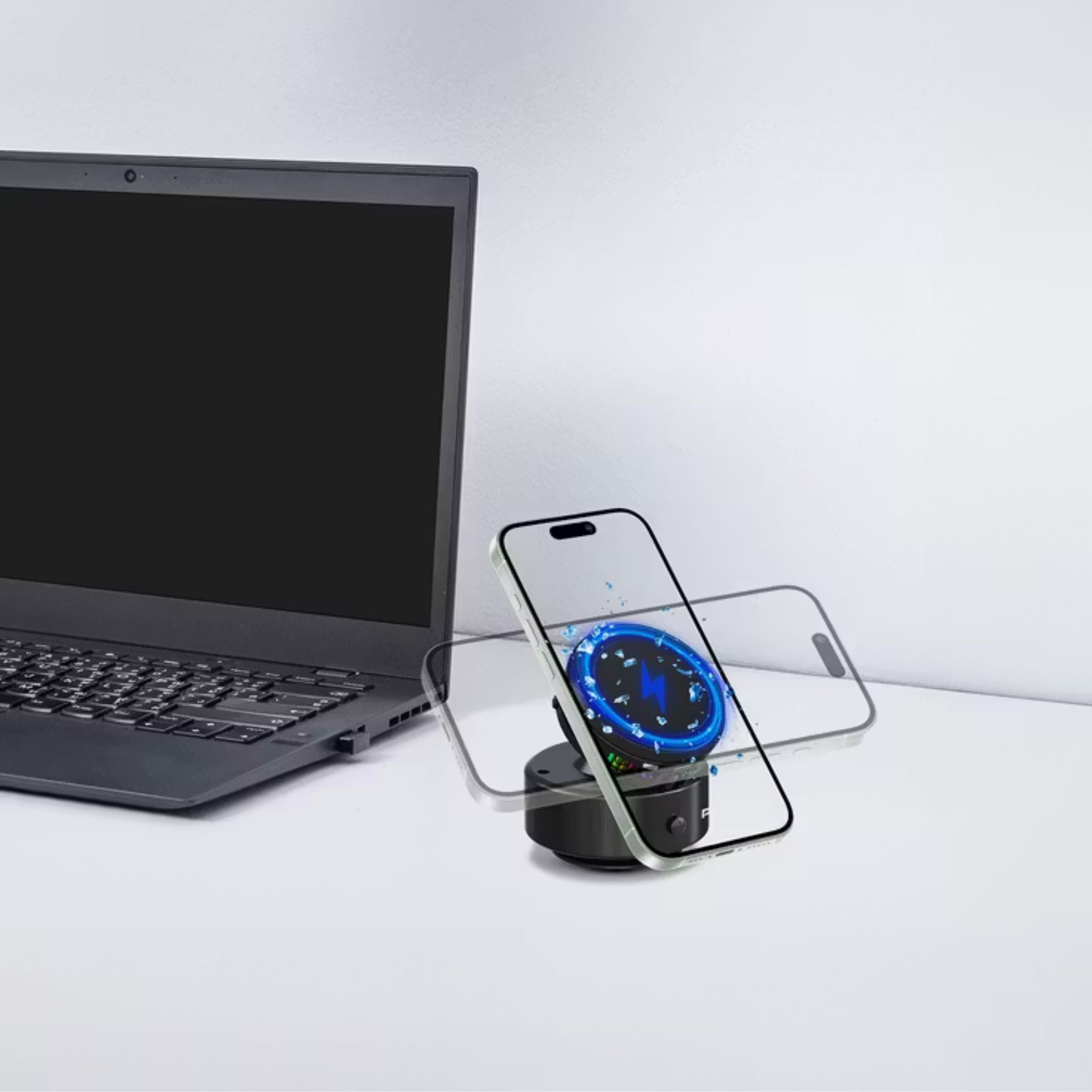 Porodo Lifestyle Vacuseal MagSafe Charging Mount with Cooling Semiconductor & RGB Light, Up to 25 Days Working Time, Adjustable Viewing Angle, 100mAh Battery Capacity, Up to 1.5kg Adsorption Capacity, Strong Suction, One-Hand Operation - Black