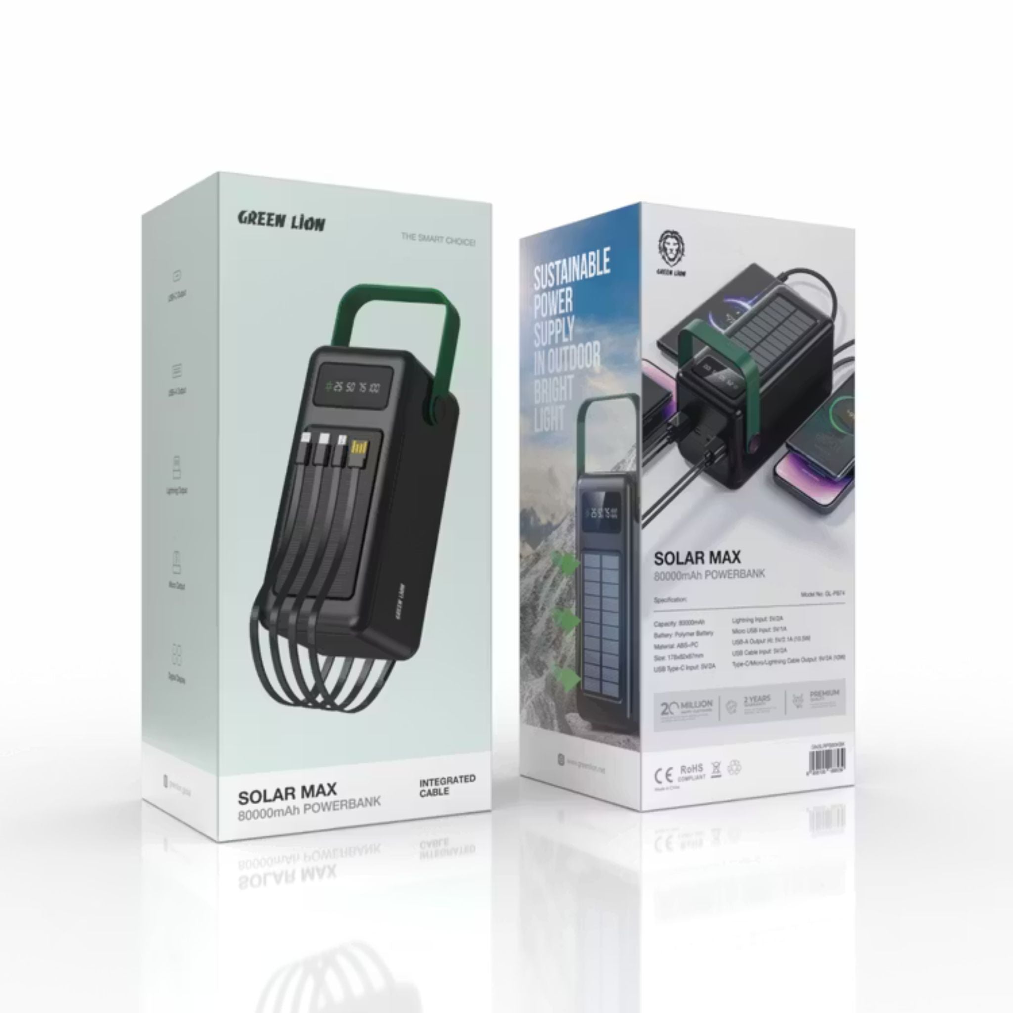 Green Lion Solar Max 50000mAh Powerbank with Digital Display, Solar Charging Panel, Type-C/Micro/Lightening/USB-A Output, lightweight & Portable, 4 Integrated Cables - Black