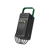 Black electronic device with digital display and green handle on a white background