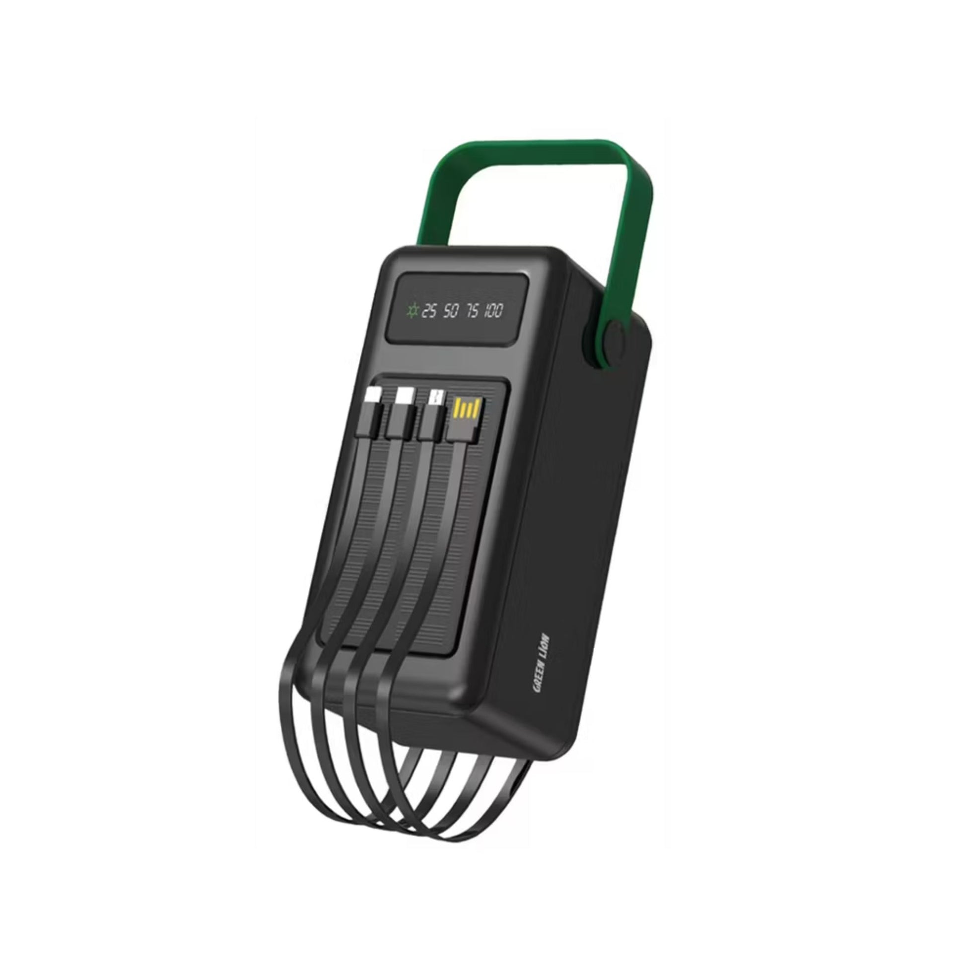 Black electronic device with digital display and green handle on a white background