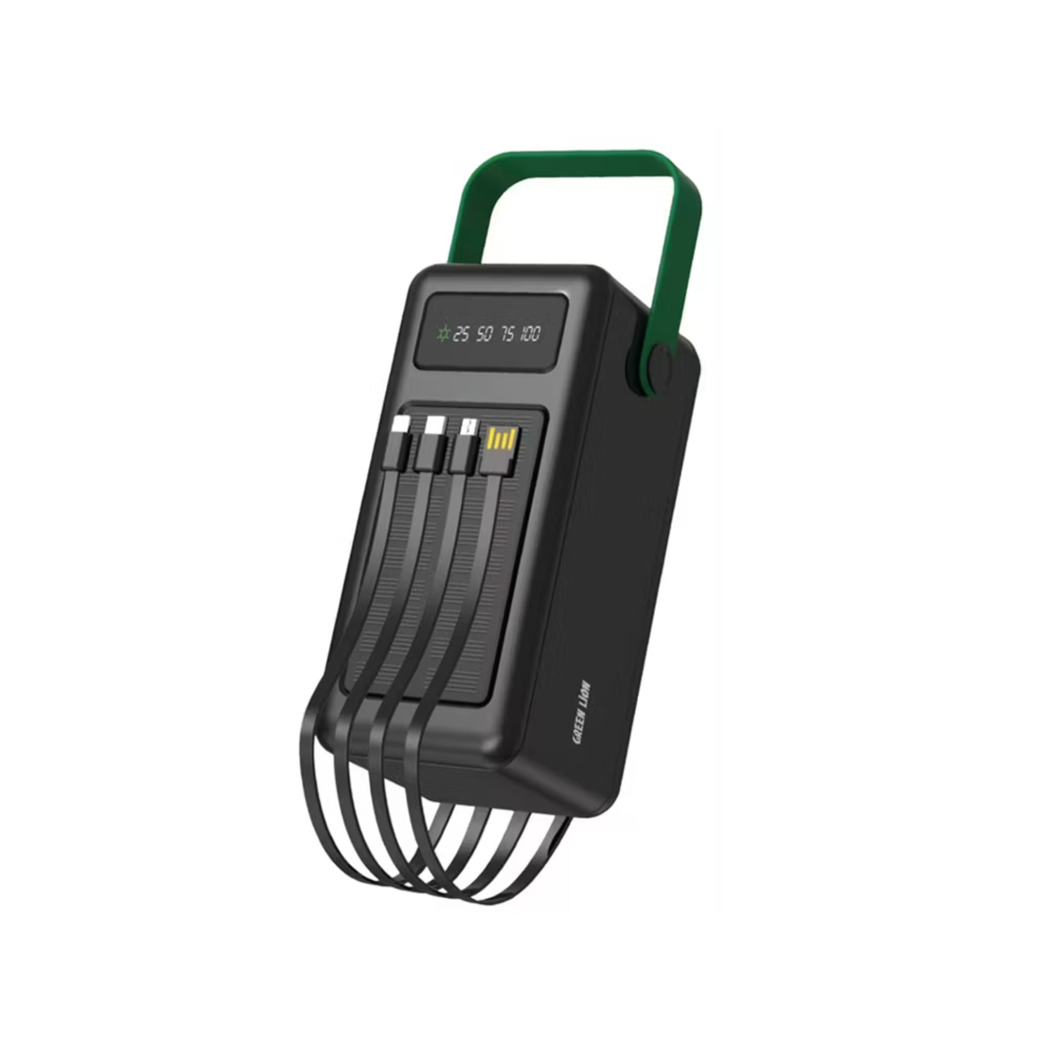 Black electronic device with digital display and green handle on a white background