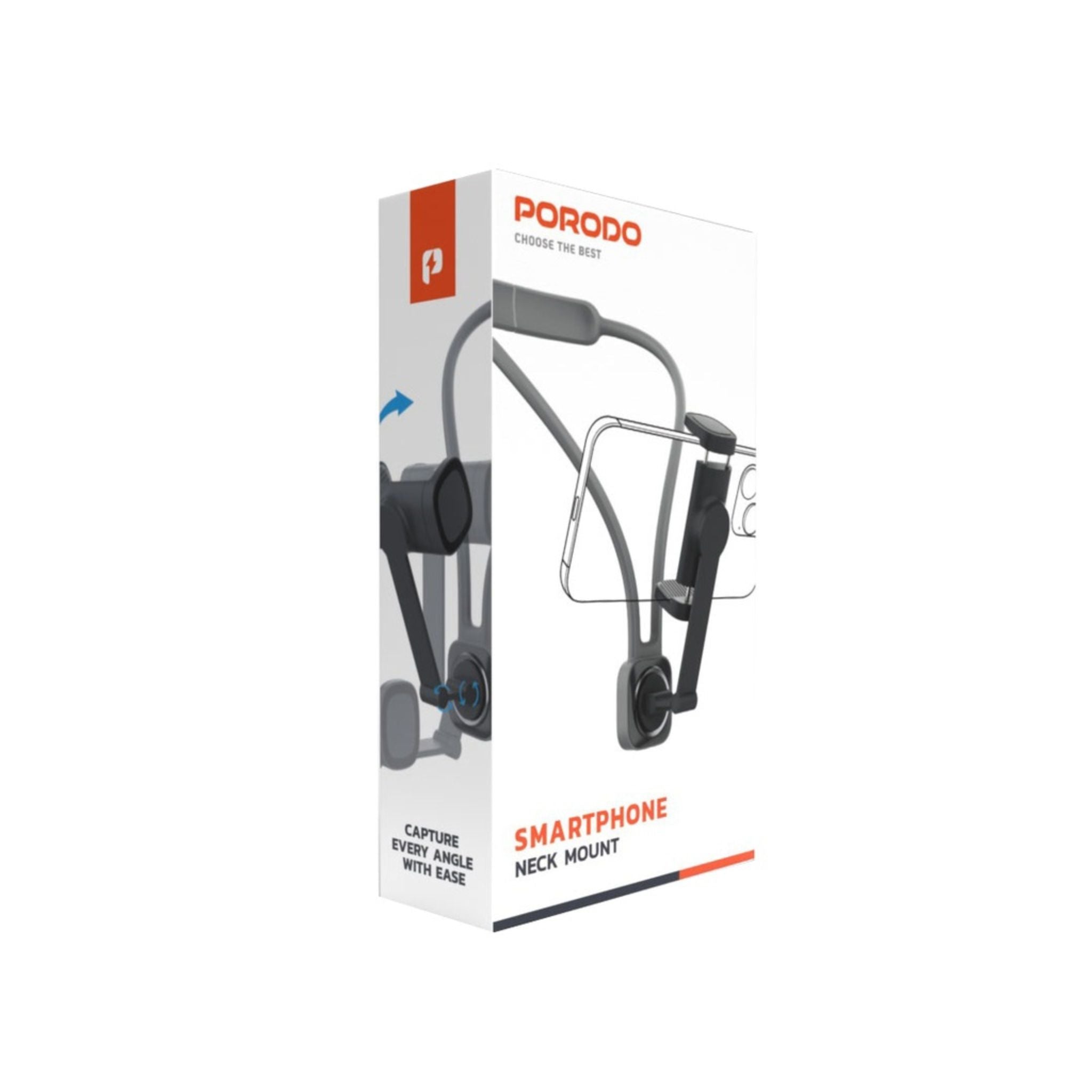 Porodo Smartphone Neck Mount with U-Shaped Design for a Snug Fit, Magnetic Latch, Suitable for Hands Free Recording, Secure Attachment - Black