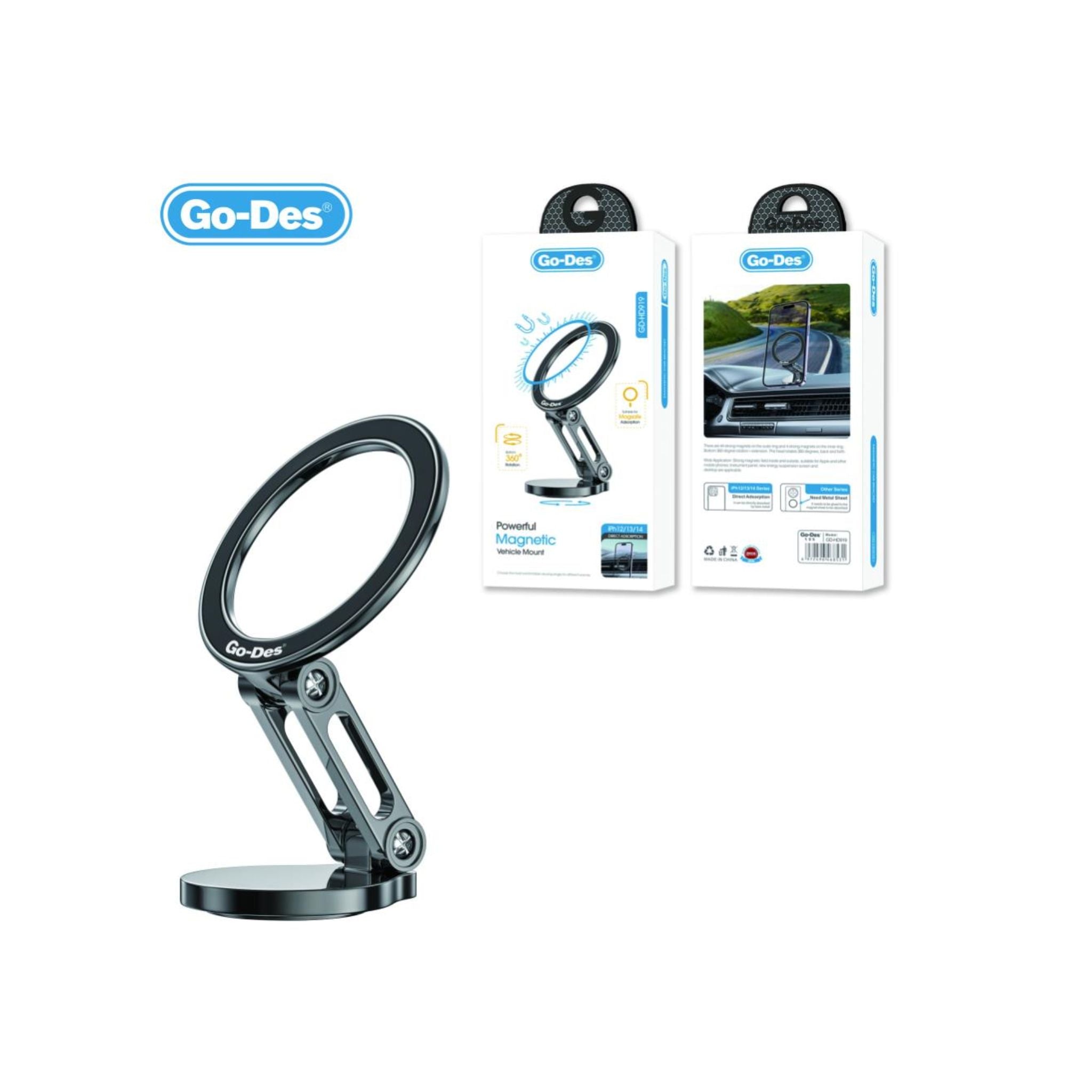 Go Des GD-HD919 universal Magnetic Bracket aluminum alloy Foldable Cell Phone Stand Holder Kickstand foldable desktop phone stand-Black