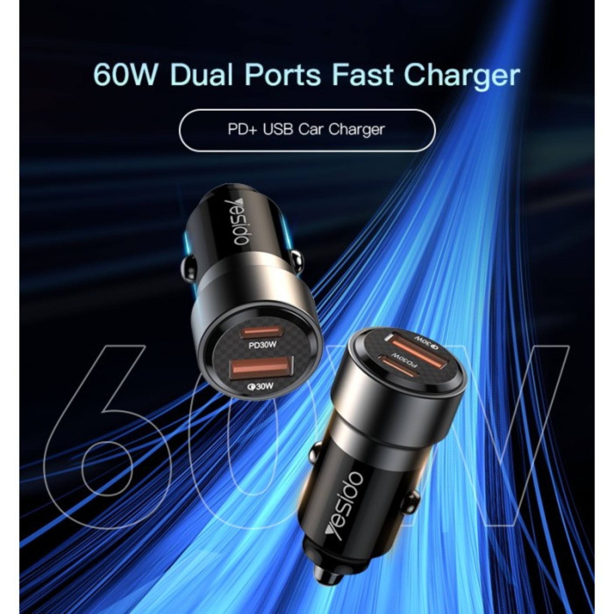 Yesido Y54 60W Fast Charging Car Charger | With TC to IP cable car cigarette lighting port charger adapter