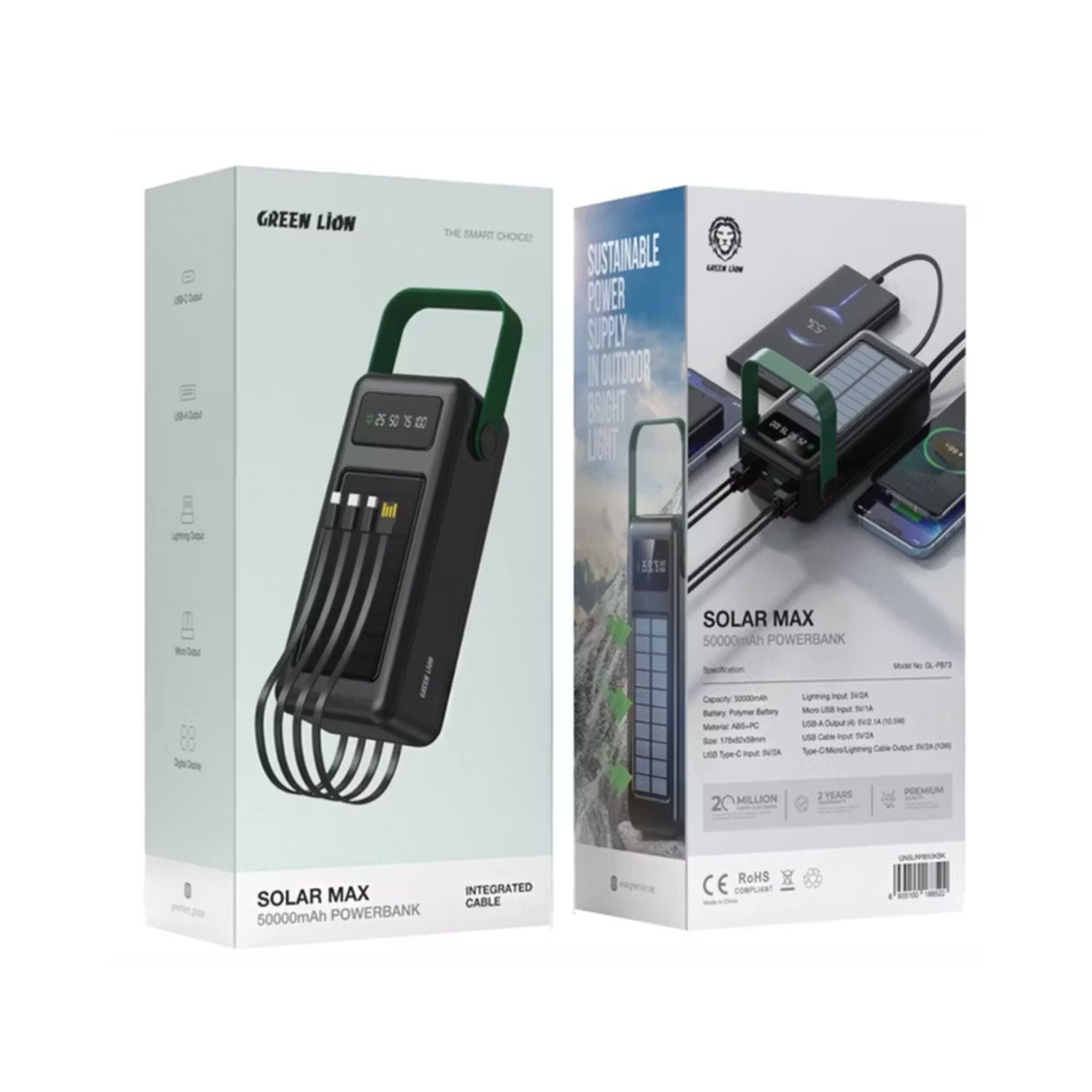 Green Lion Solar Max 80000mAh Powerbank with Digital Display, Solar Charging Panel, Type-C/Micro/Lightening/USB-A Output, lightweight & Portable, 4 Integrated Cables - Black