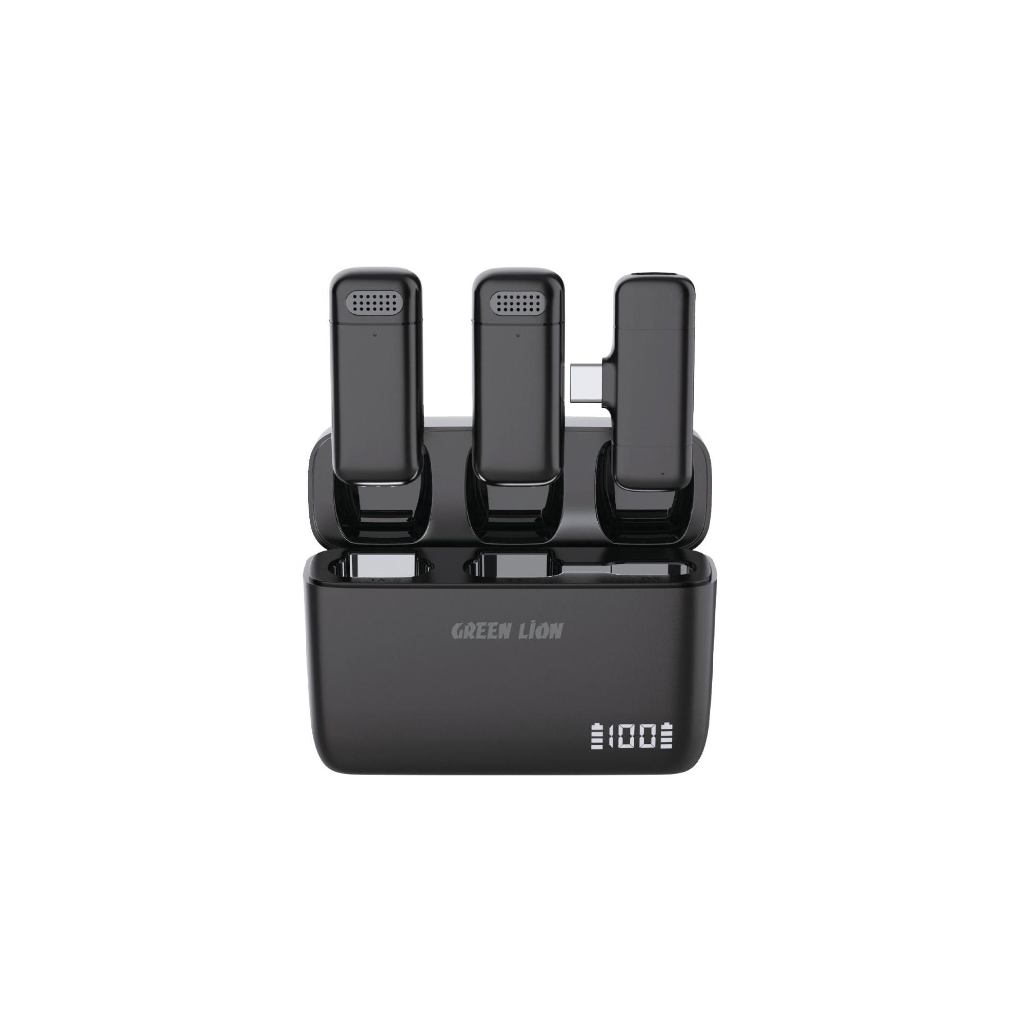 A black Green Lion Duo Cast wireless Type-C microphone with a charging case.