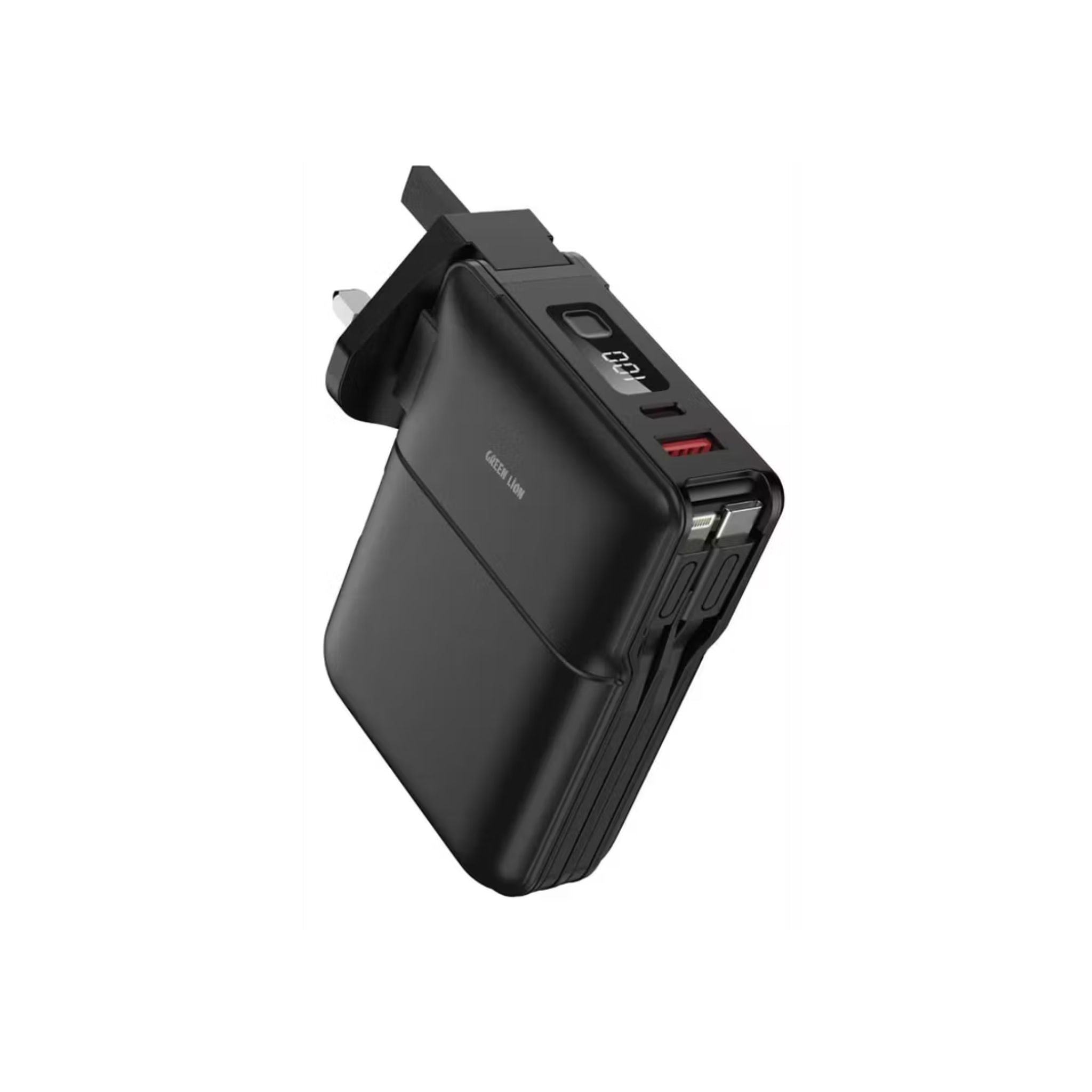 Black power adapter with multiple ports on a white background