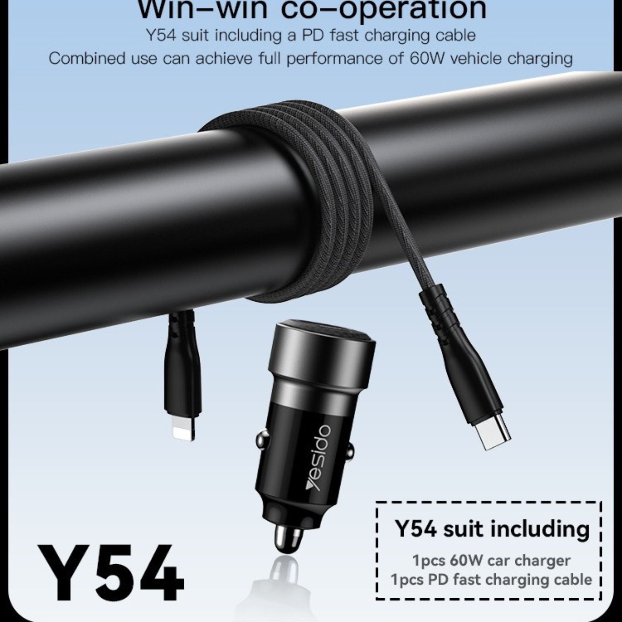Yesido Y54 60W Fast Charging Car Charger | With TC to IP cable car cigarette lighting port charger adapter