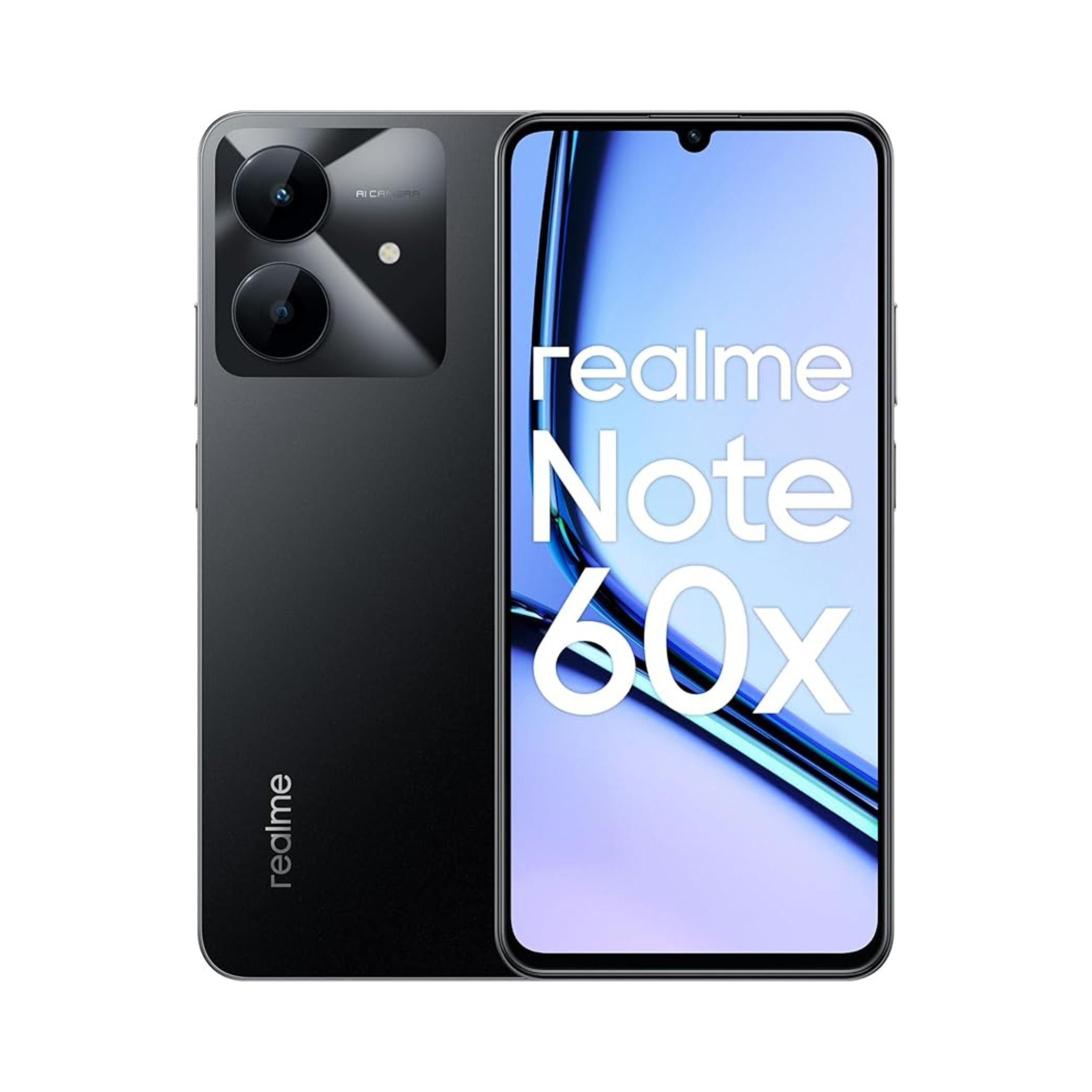 Realme Note 60x smartphone showing front and back on a white background