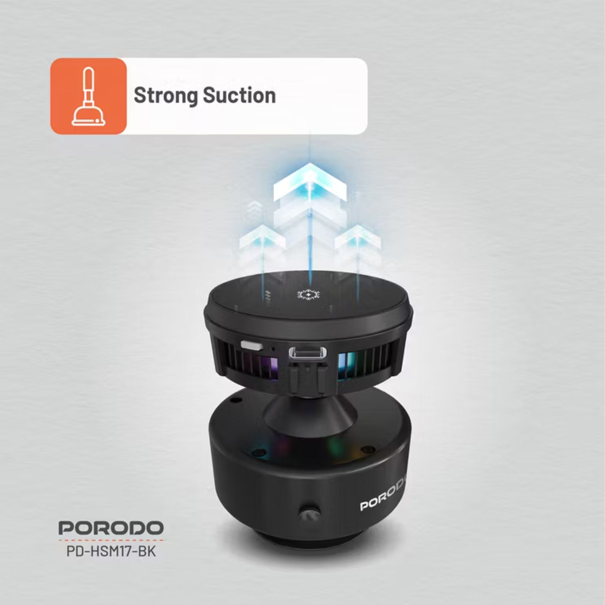 Porodo Lifestyle Vacuseal MagSafe Charging Mount with Cooling Semiconductor & RGB Light, Up to 25 Days Working Time, Adjustable Viewing Angle, 100mAh Battery Capacity, Up to 1.5kg Adsorption Capacity, Strong Suction, One-Hand Operation - Black