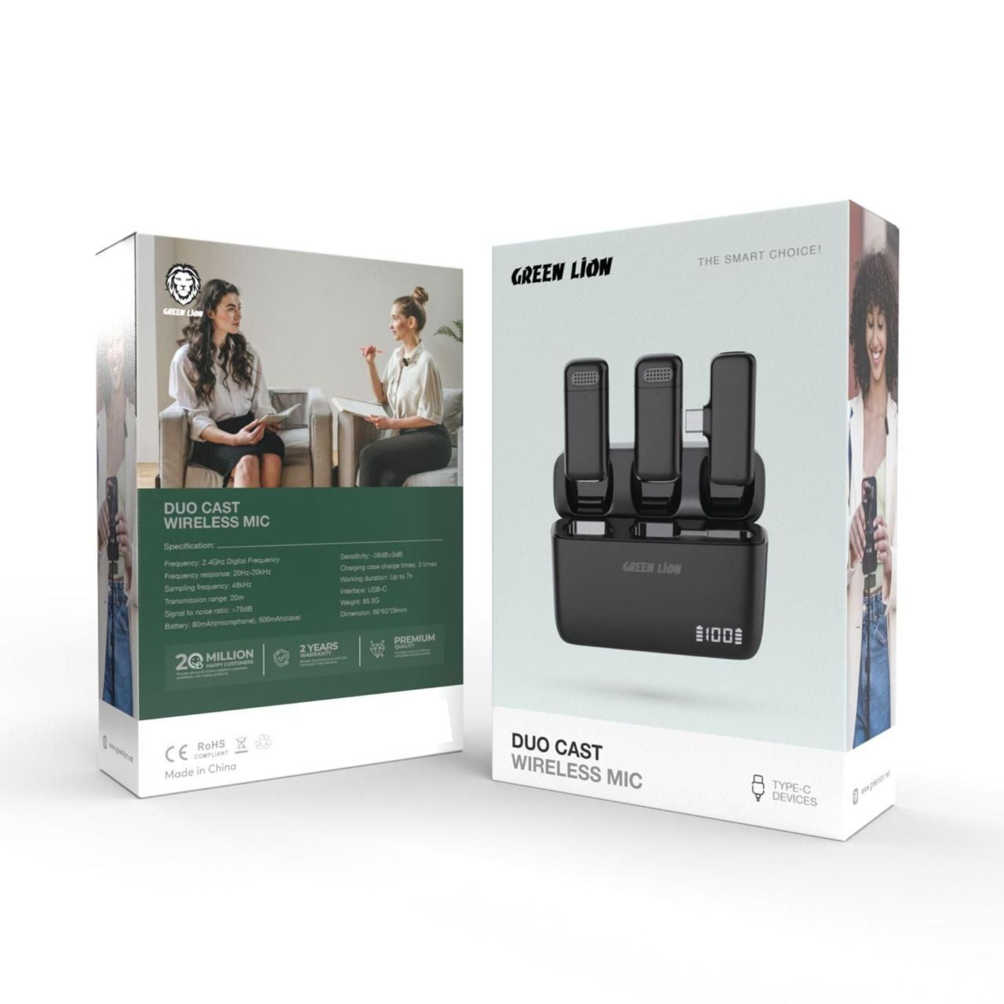 Green Lion Duo Cast Wireless Type-C Microphone with 7 Hours Working Time, Long Distance Transmission, Automatic Pairing, Plug & Play, Lightweight & Compact - Black
