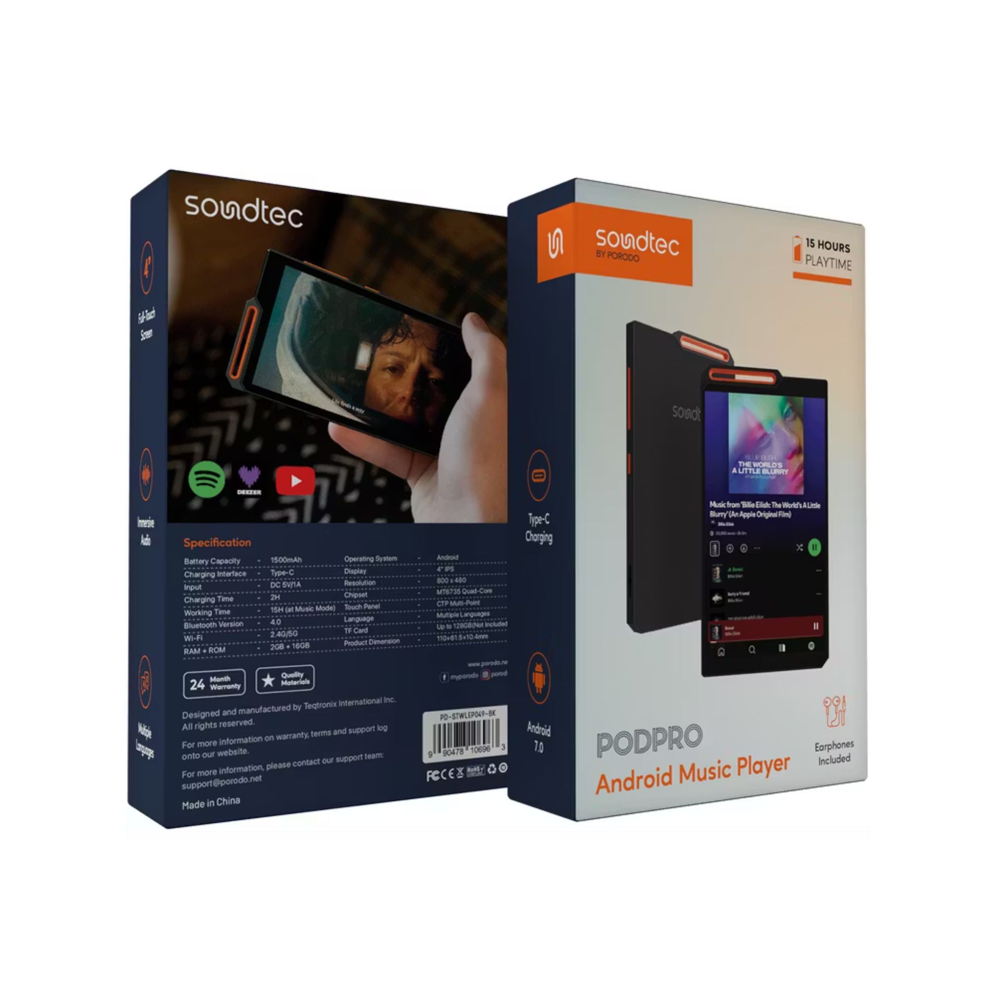 Porodo Soundtec Pod Pro Android Music Player with 1500mAh Battery Capacity, 15 Hours Working Time, 2 Hours Charging Time, Type-C Charging Port, Multiple Languages Supports, 4" IPS Display, Android 7 Operating System, Bluetooth Version 4.0 - Black