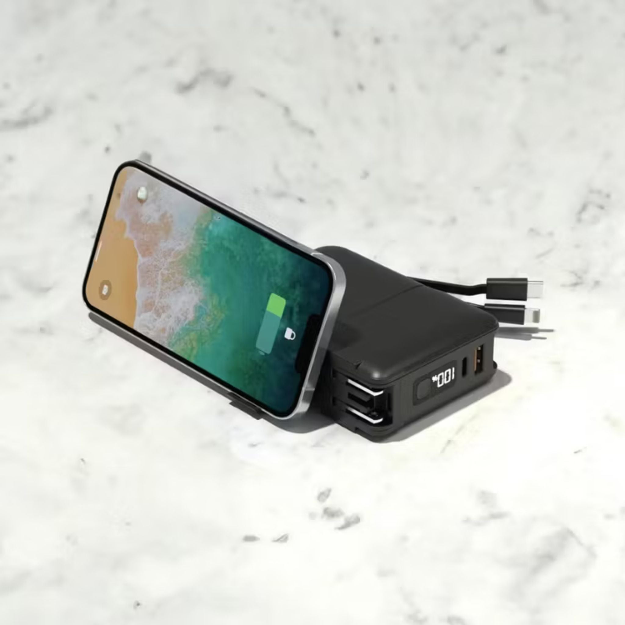 Green Lion Travel Power Bank 10000mAh, Adaptor, Holder, Lightning, 20W PD, USB Type C, USB Type A, Lightning and Type-C Integrated Cables, US, EU, UK Plug, Digital Display - Black