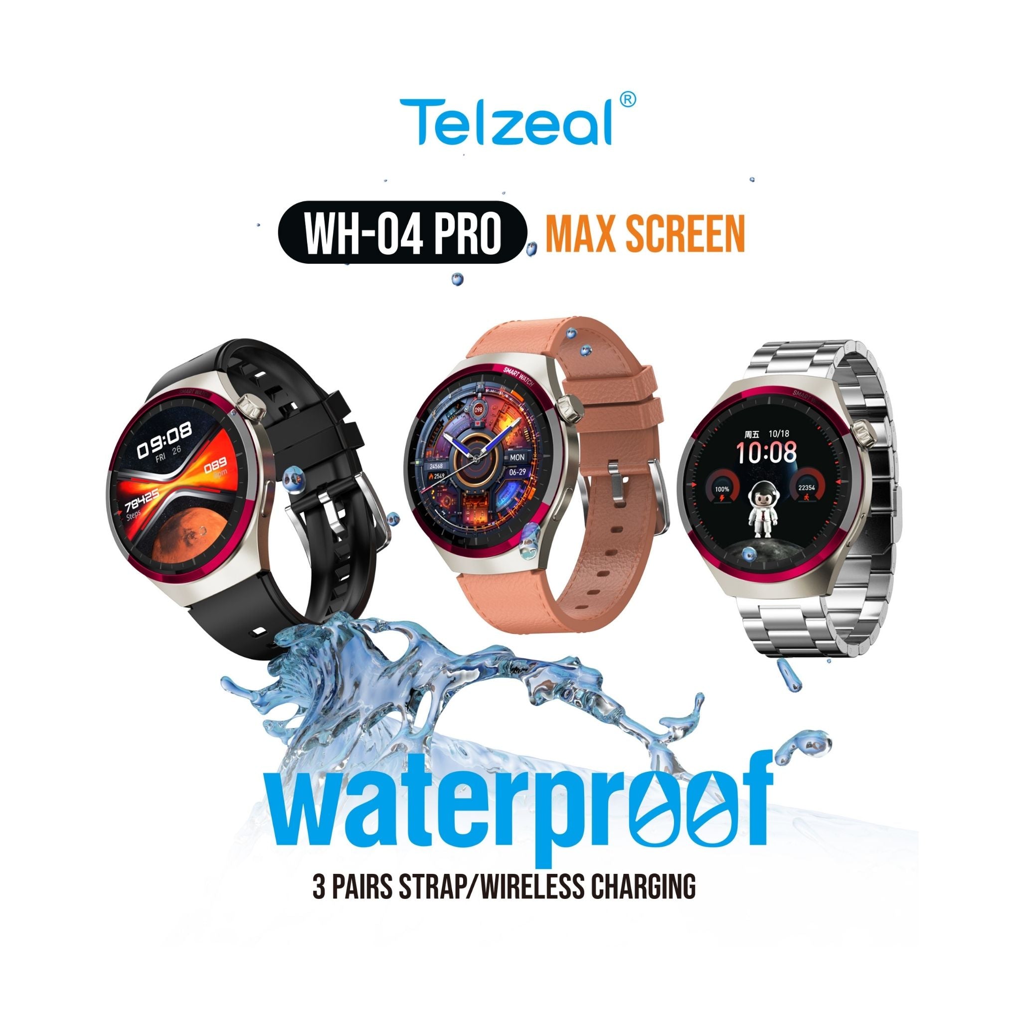 Telzeal WH 04 Pro Max Screen Waterproof Smartwatch With Curved Display 3 Pair Straps and Charging Cable Designed for Mens and Boys - Black