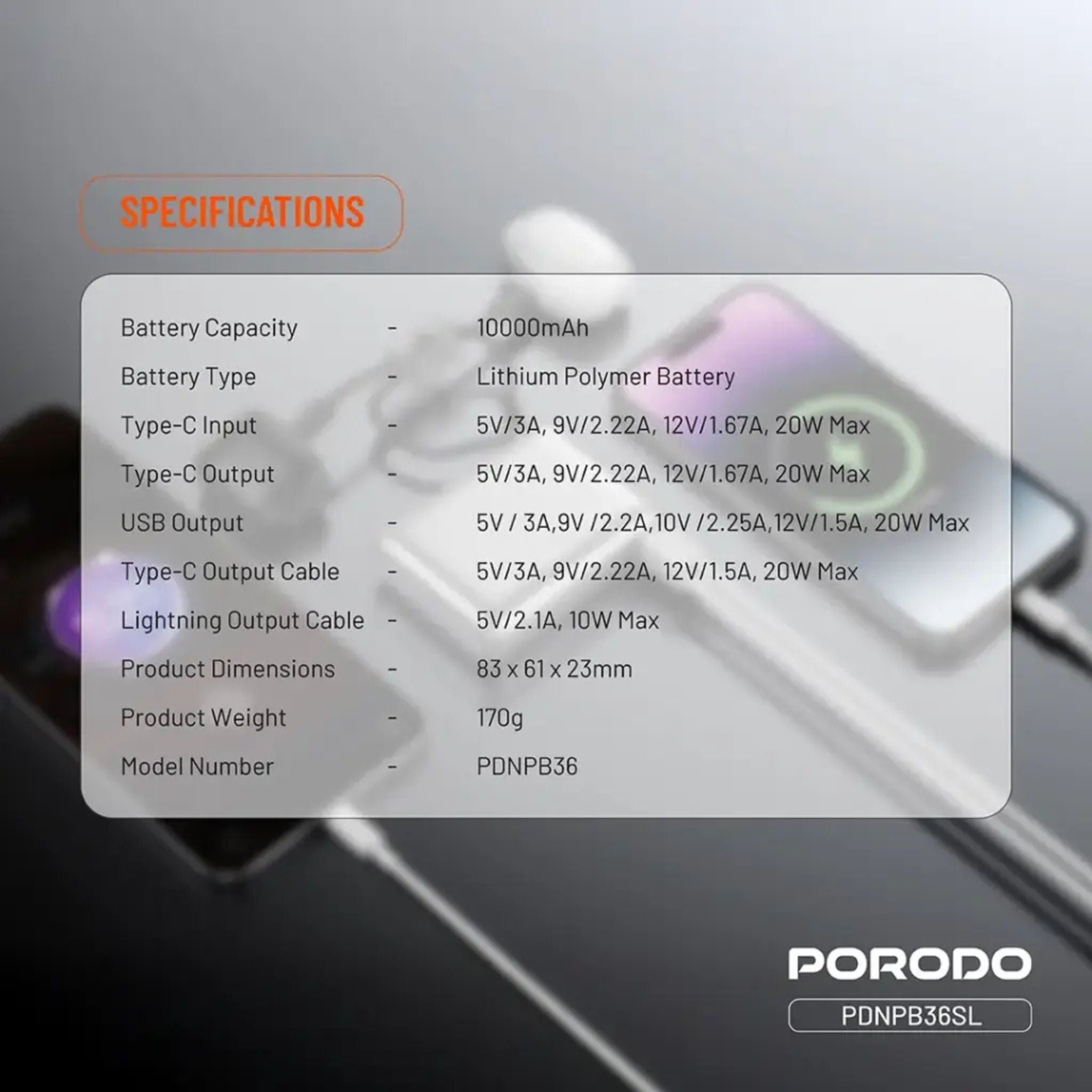 Porodo Petite 10000mAh Power Bank with Integrated Type-C & Lightning Cable, PD 20W, USB-A & USB-C Ports, Fast Charge Support, Digital Display, Universal Compatibility - Silver