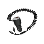 Porodo Dual Port Car Charger with Integrated C+L Cables, Adaptable, Simultaneous Charging, Universal Compatibility, 1.5m Cable Length - Black
