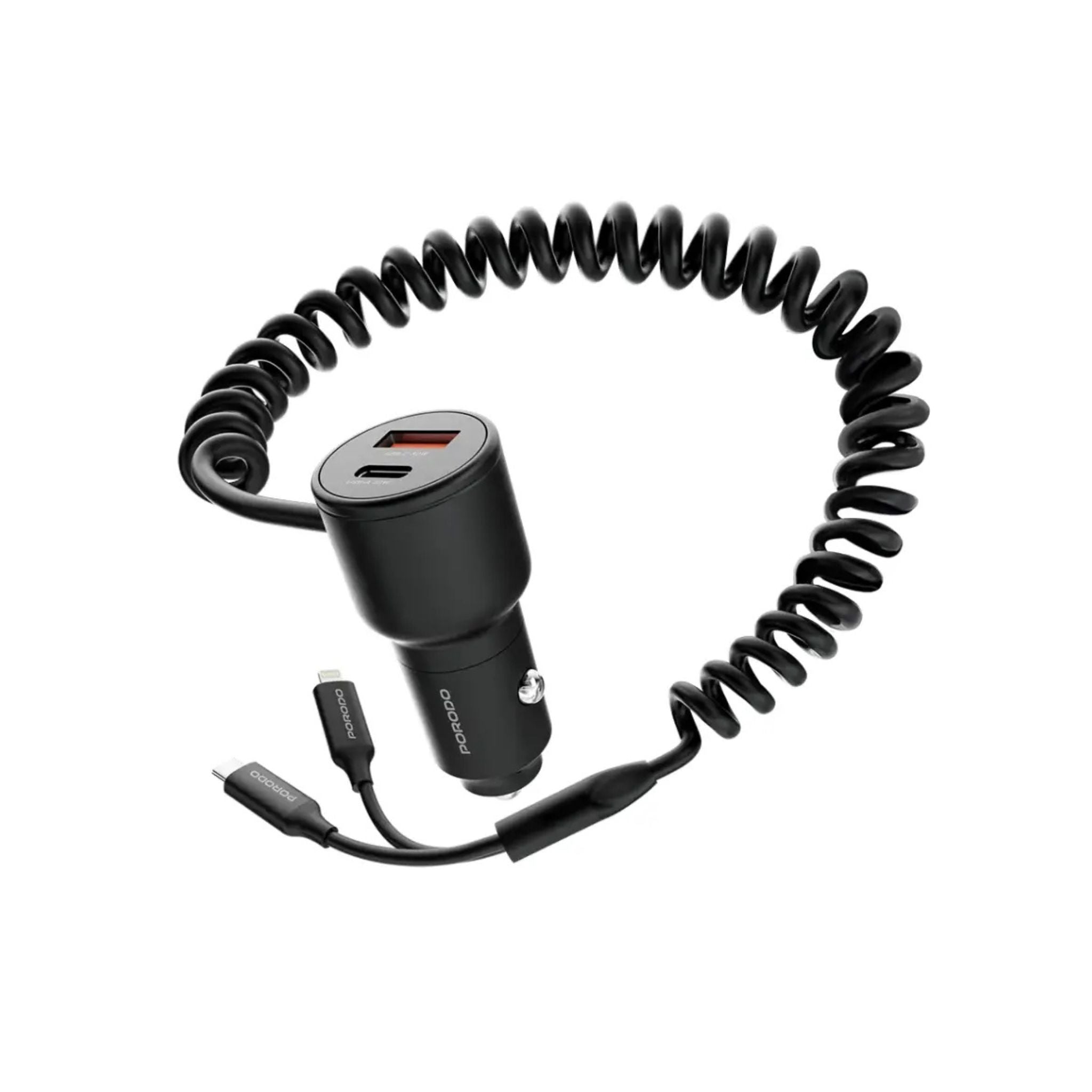 Porodo Dual Port Car Charger with Integrated C+L Cables, Adaptable, Simultaneous Charging, Universal Compatibility, 1.5m Cable Length - Black