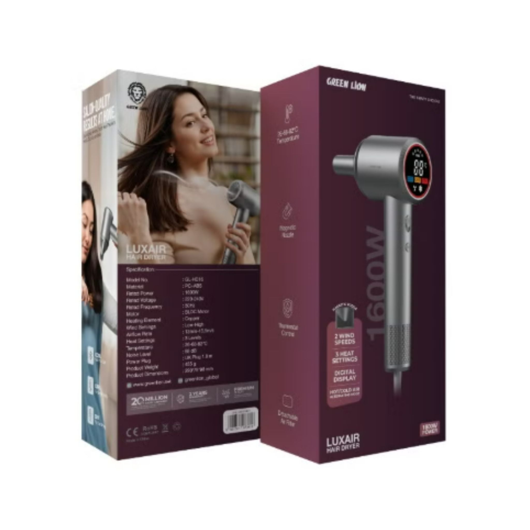 Green Lion LUXAIR Hair Dryer, 1600W BLDC Motor, Digital Display, Hot & Cold Air Alternating Mode, 3 Heat Settings, 2 Wind Speeds, Low Noise 68dB, Durable PC+ABS Body with Copper Heating Element, 1.8m UK Plug – Grey