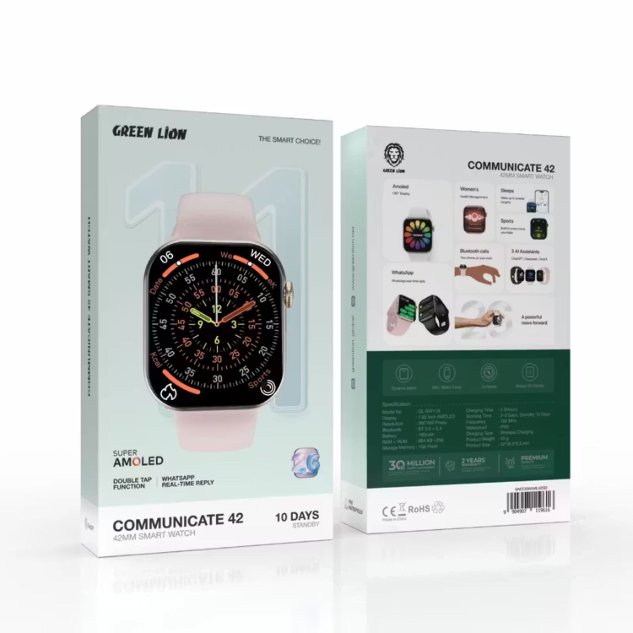 Green Lion Communicate 42mm Smartwatch, 1.85” AMOLED Display, 190mAh Battery, 1GB Flash Storage, IP68 Waterproof, Bluetooth 3.0+5.4, Wireless Charging, Always-On Display, 500+ Watch Faces, 2–3 Days Use, 10-Day Standby - Gold