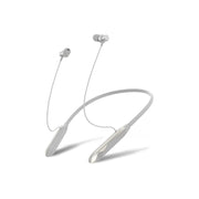 A silver wireless neckband earphone with a microphone and control buttons, designed for one-ear use.