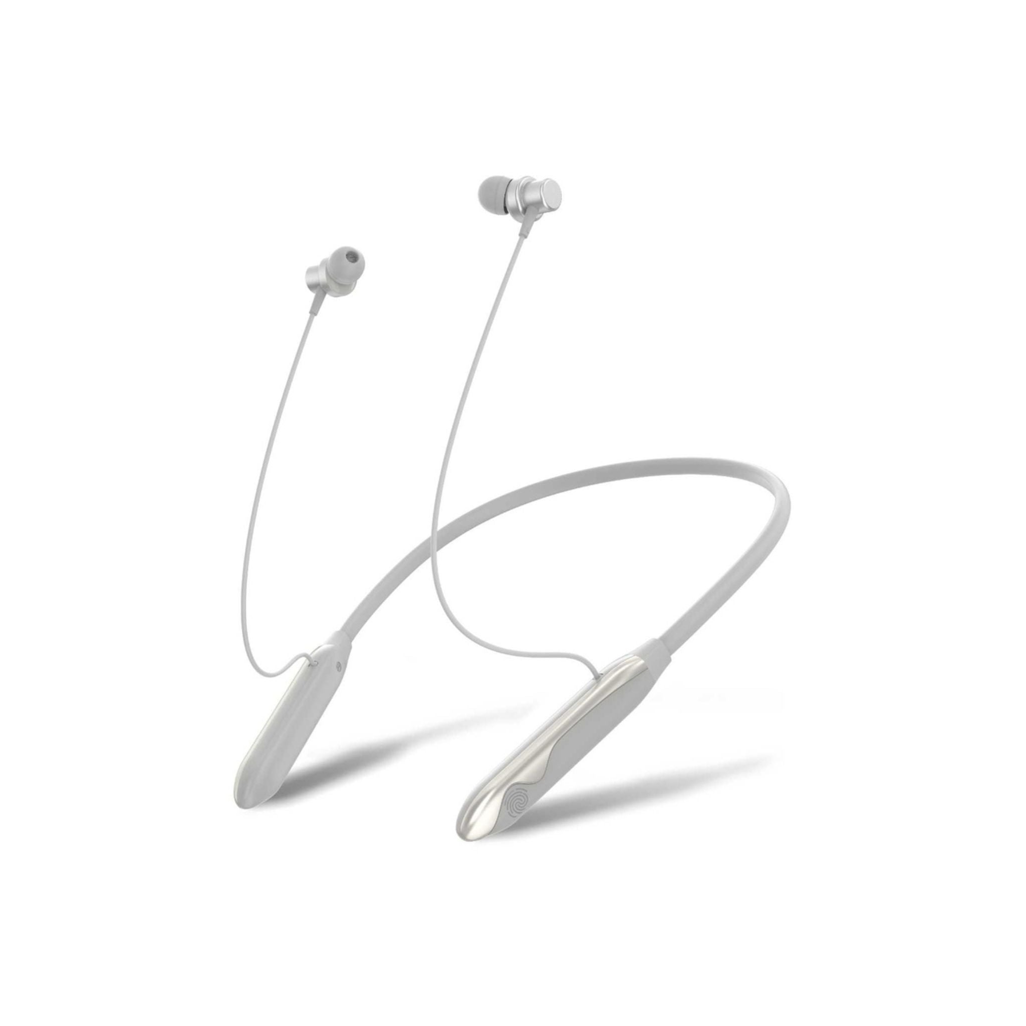 A silver wireless neckband earphone with a microphone and control buttons, designed for one-ear use.