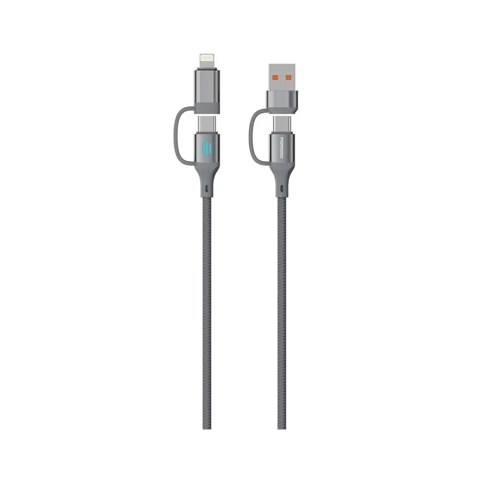 Porodo 4 in1 PD 240W High Speed Charging 1m Cable / USB-C, USB-A & Lightning Input Interface / 480Mbps Rapid Data Sync / Enhanced Durability / Aluminum Alloy Material - Grey