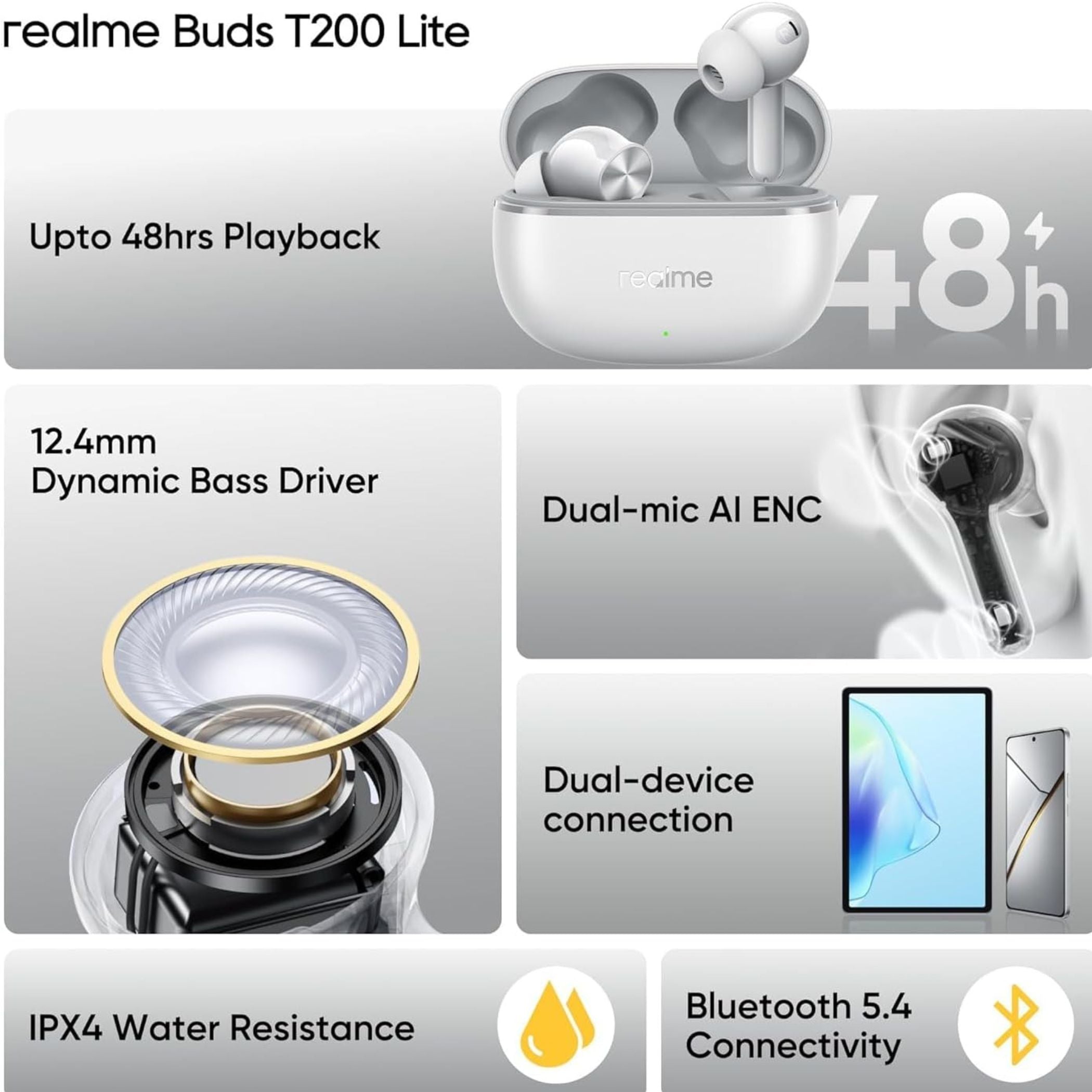Realme Buds T200 Lite Bluetooth Earbuds, 48H Playback, AI ENC Noise Cancellation, Fast Charging, Gaming Mode, Google Fast Pair, IPX4 Water Resistant, with Mic – Storm Grey