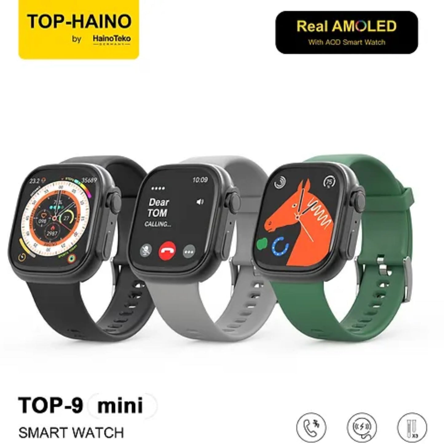 Premium Haino Teko Germany Top 9 MINI_Real AMOLED with Always on Display Smart Watch with 3 Straps_Black