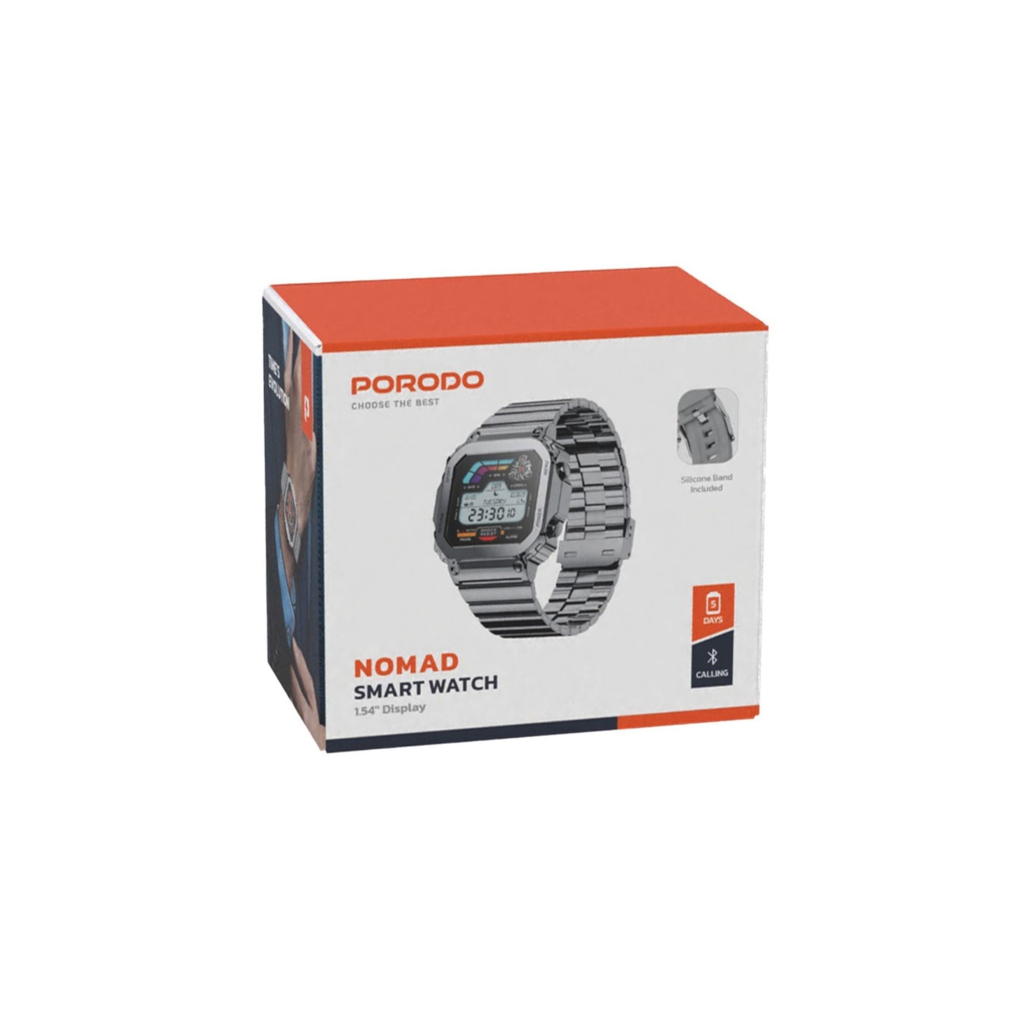 Porodo Nomad Smartwatch: 1.54" Display, 5-Day Battery Life, Fast 2-Hour Charge, Bluetooth 5.3, Compatible with Android 4.4+ & iOS 9.0+ - Silver