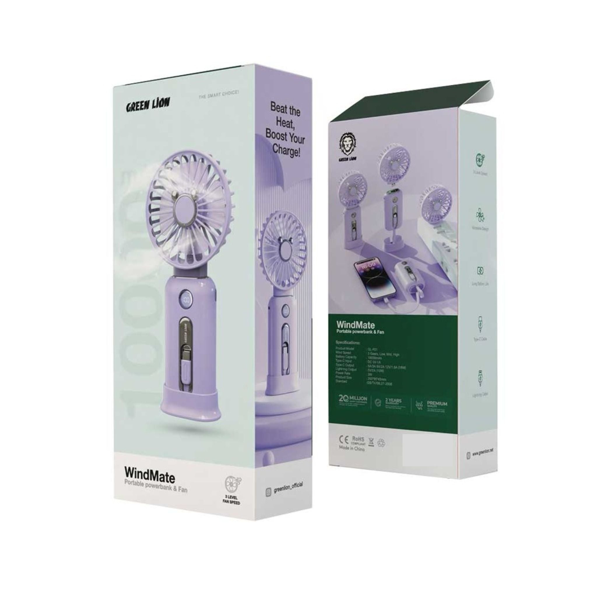 Green Lion WindMate Portable Fan & Power Bank with Built-in Type-C & Lightning Cables, 10W Lightning Output, 10000mAh Battery Capacity, 3 Speed Levels, 18W Type-C Output - Purple