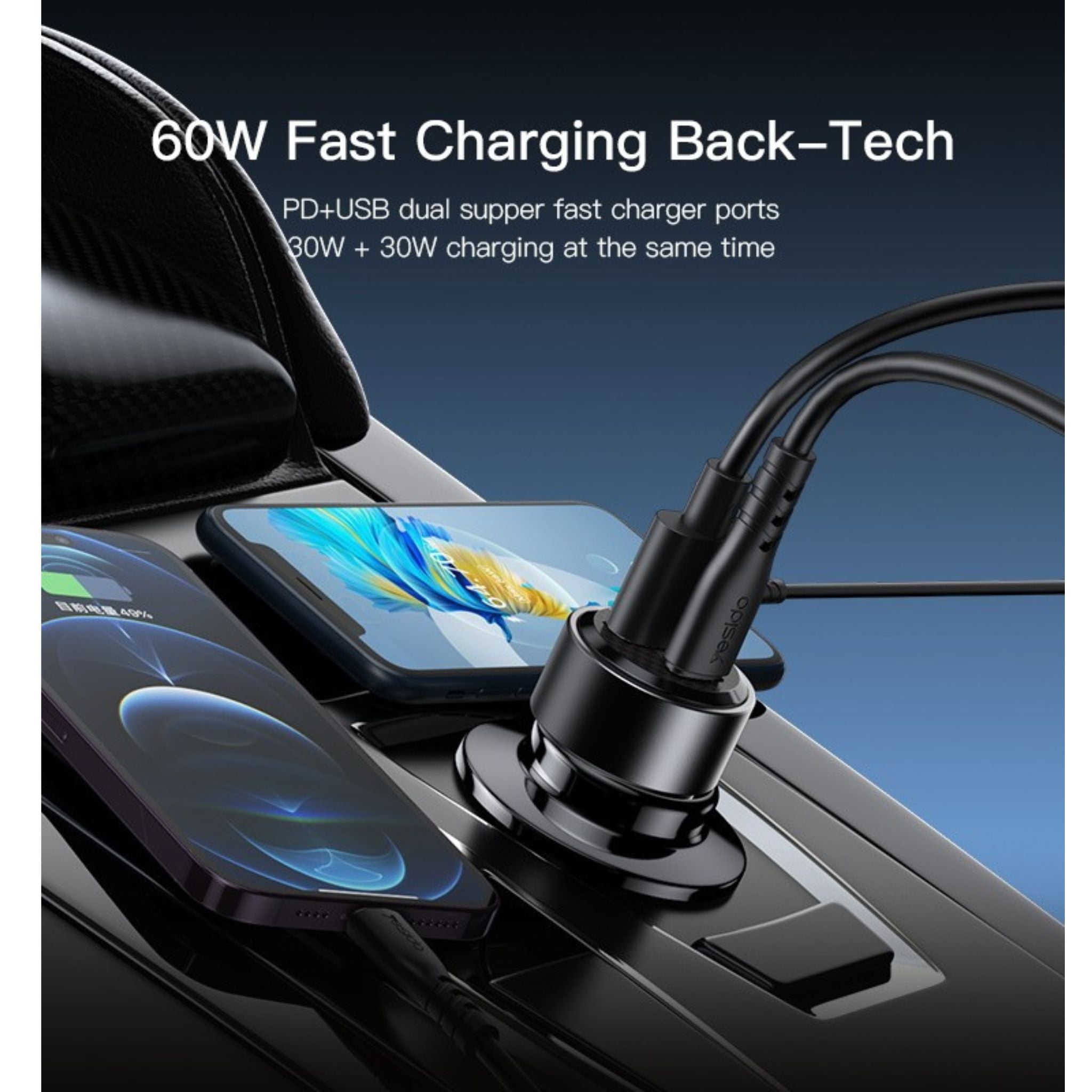 Yesido Y54 60W Fast Charging Car Charger | With TC to IP cable car cigarette lighting port charger adapter