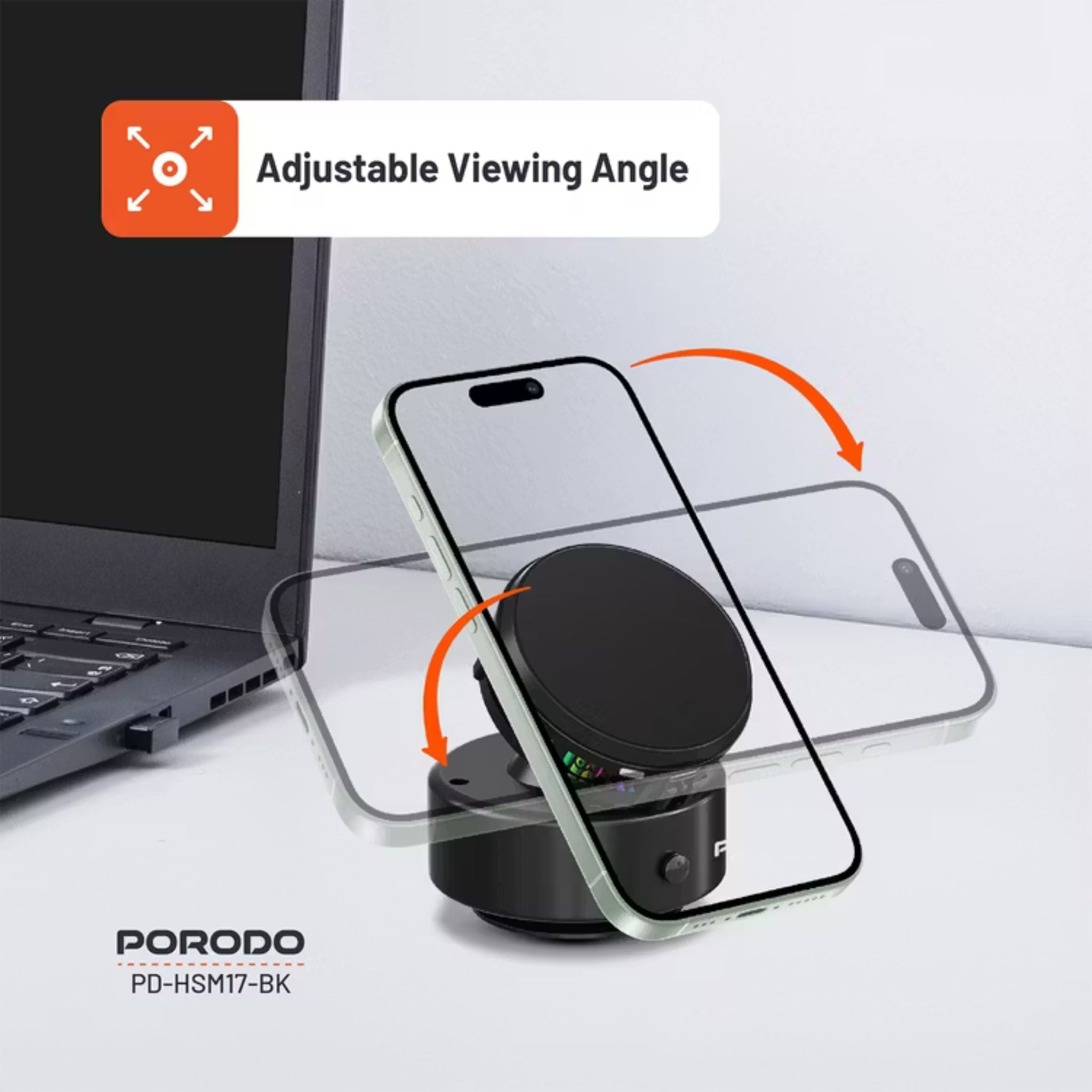 Porodo Lifestyle Vacuseal MagSafe Charging Mount with Cooling Semiconductor & RGB Light, Up to 25 Days Working Time, Adjustable Viewing Angle, 100mAh Battery Capacity, Up to 1.5kg Adsorption Capacity, Strong Suction, One-Hand Operation - Black