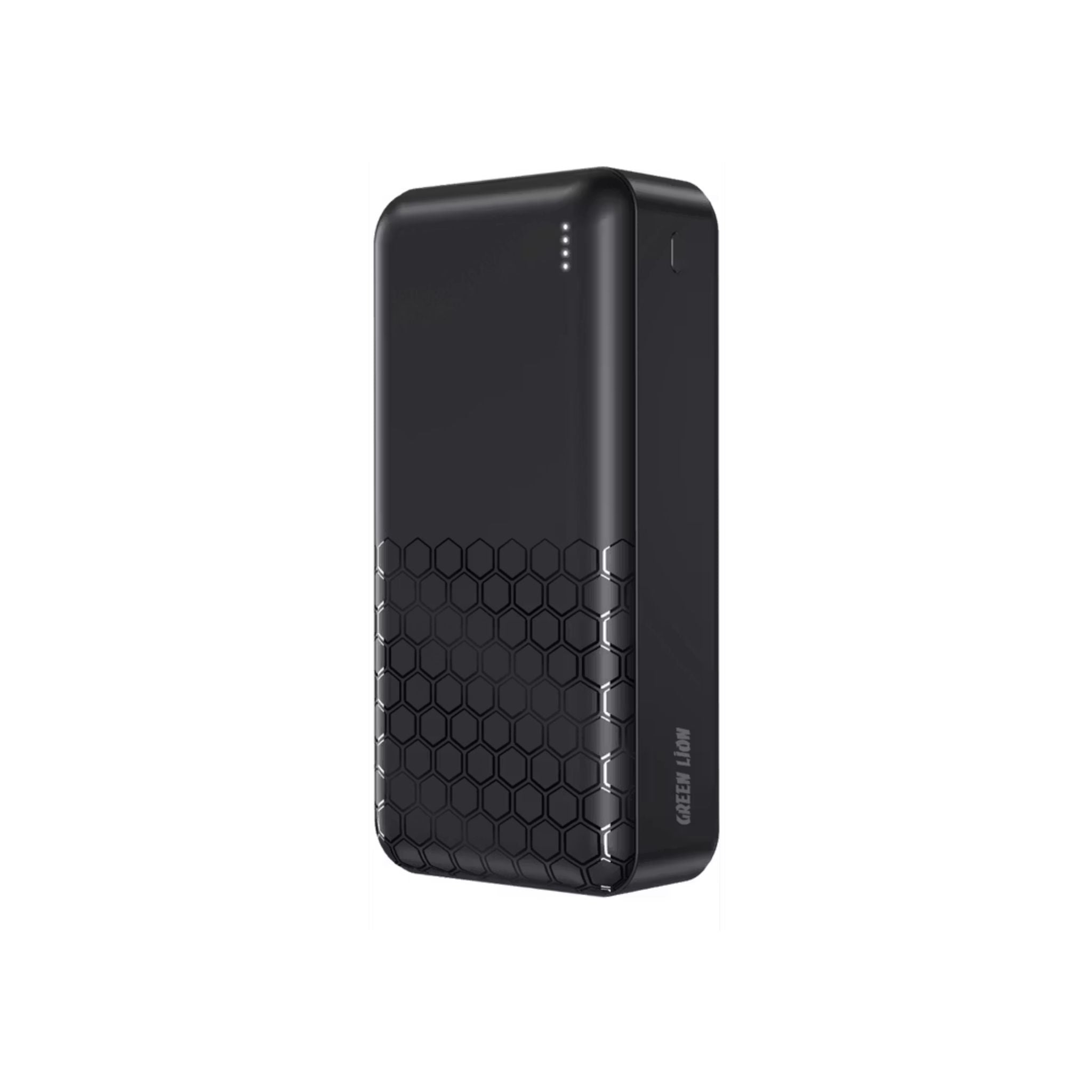 Black power bank with honeycomb pattern on a white background