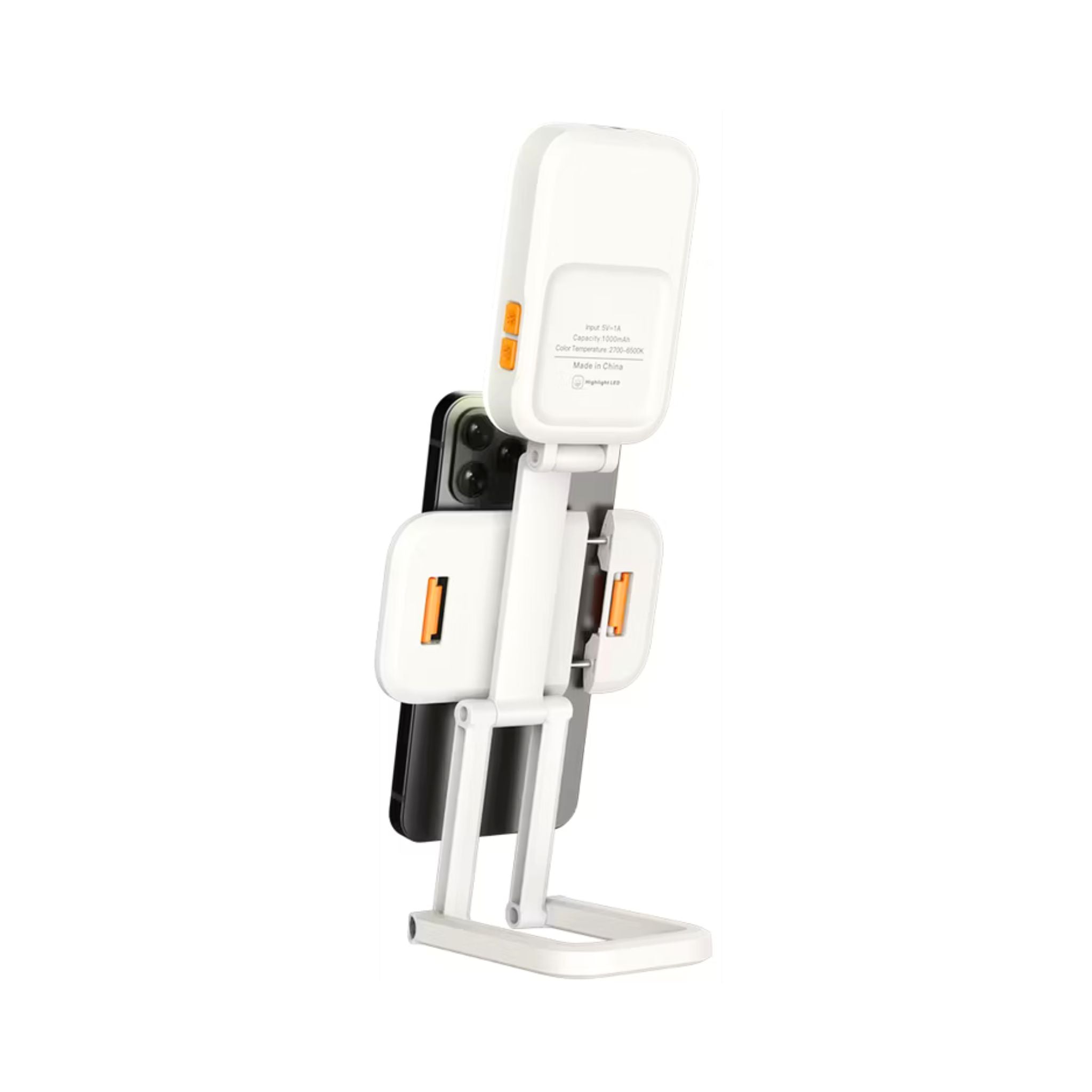 Porodo Lifestyle Phone Stand Fill Light, Lightweight & Compact Design, Up to 8 Hours Working Time, 3 Color Temperatures, Dynamic RGB Lights, Folding Design - White