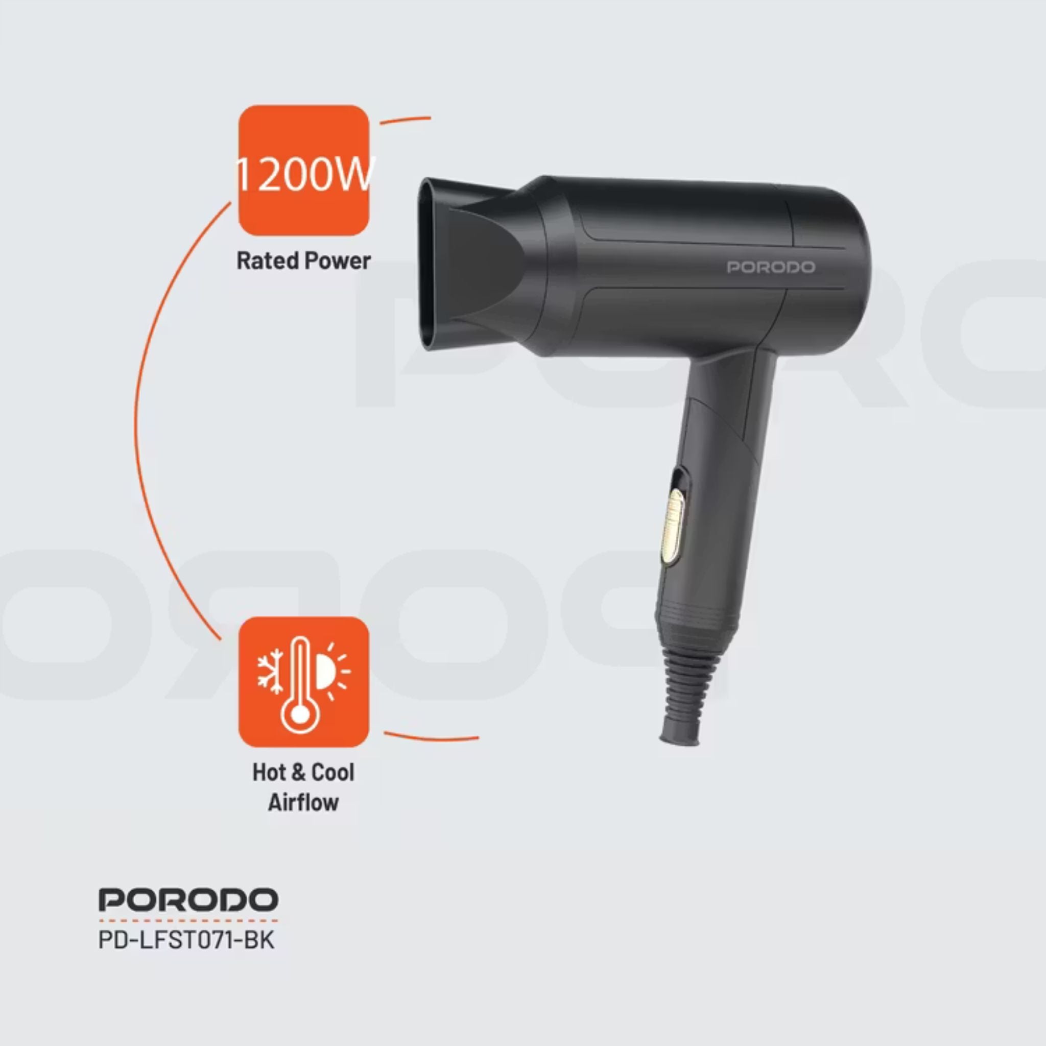 Porodo Lifestyle 1200W Foldable Hair Dryer with 1.8m Cable Length, Concentrator Nozzle, One-Slide Switch, Overheat Protection, Powerful Airflow, UK 3-Pin Plug, Portable - Black