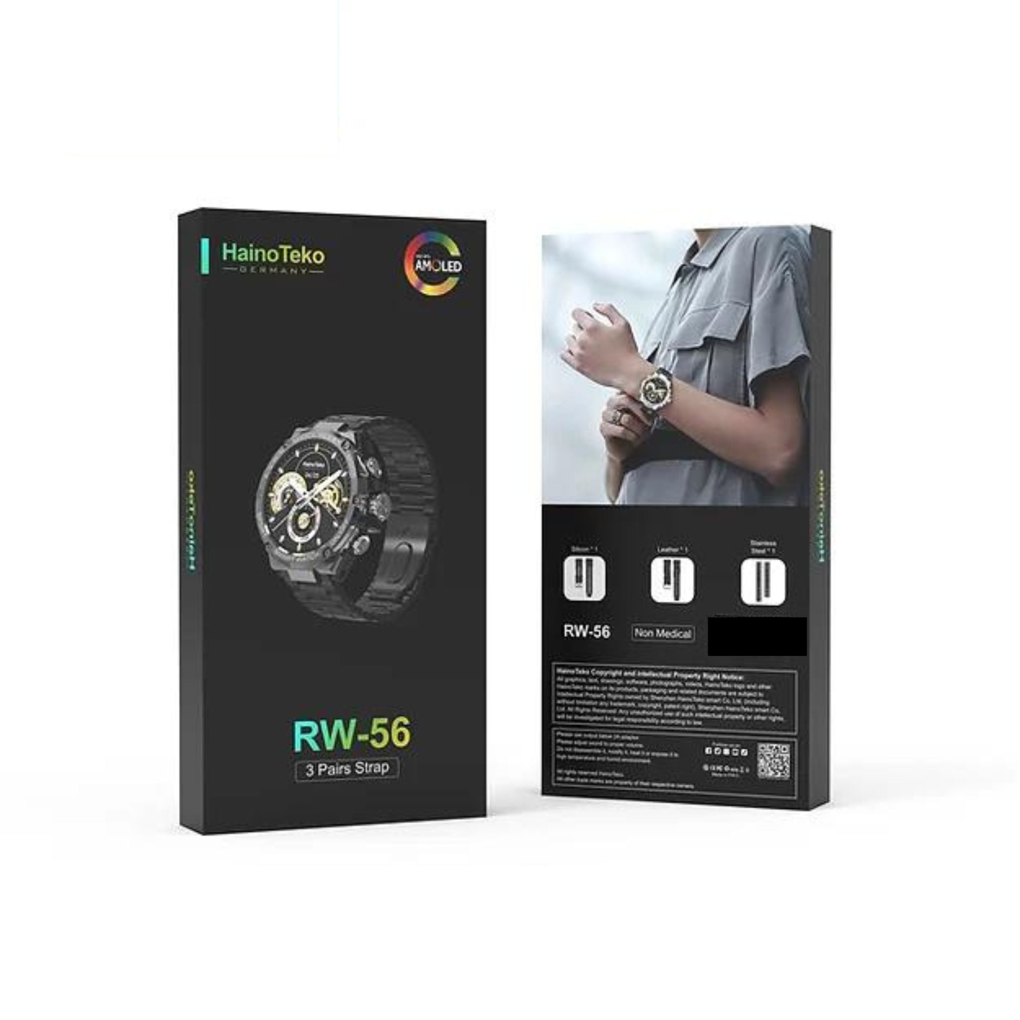 Haino Teko Germany RW56 Round Shape AMOLED Display Smart Watch With 3 Pair Straps And Wireless Charger Designed For Mens And Boys-Black