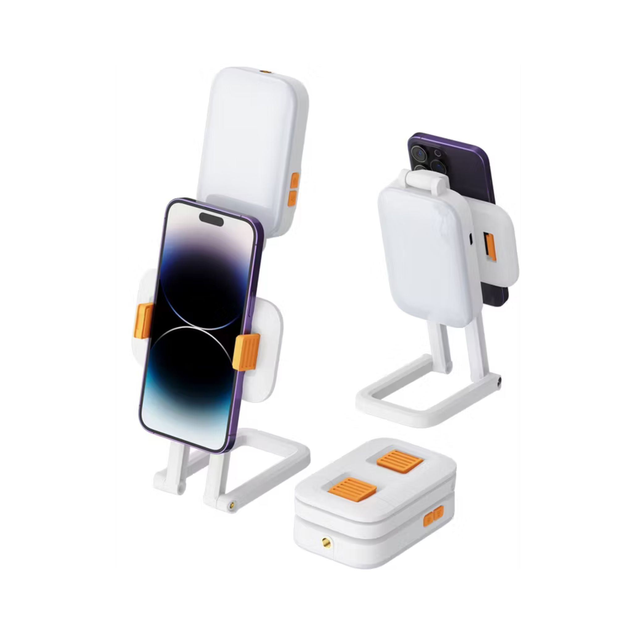 Porodo Lifestyle Phone Stand Fill Light, Lightweight & Compact Design, Up to 8 Hours Working Time, 3 Color Temperatures, Dynamic RGB Lights, Folding Design - White