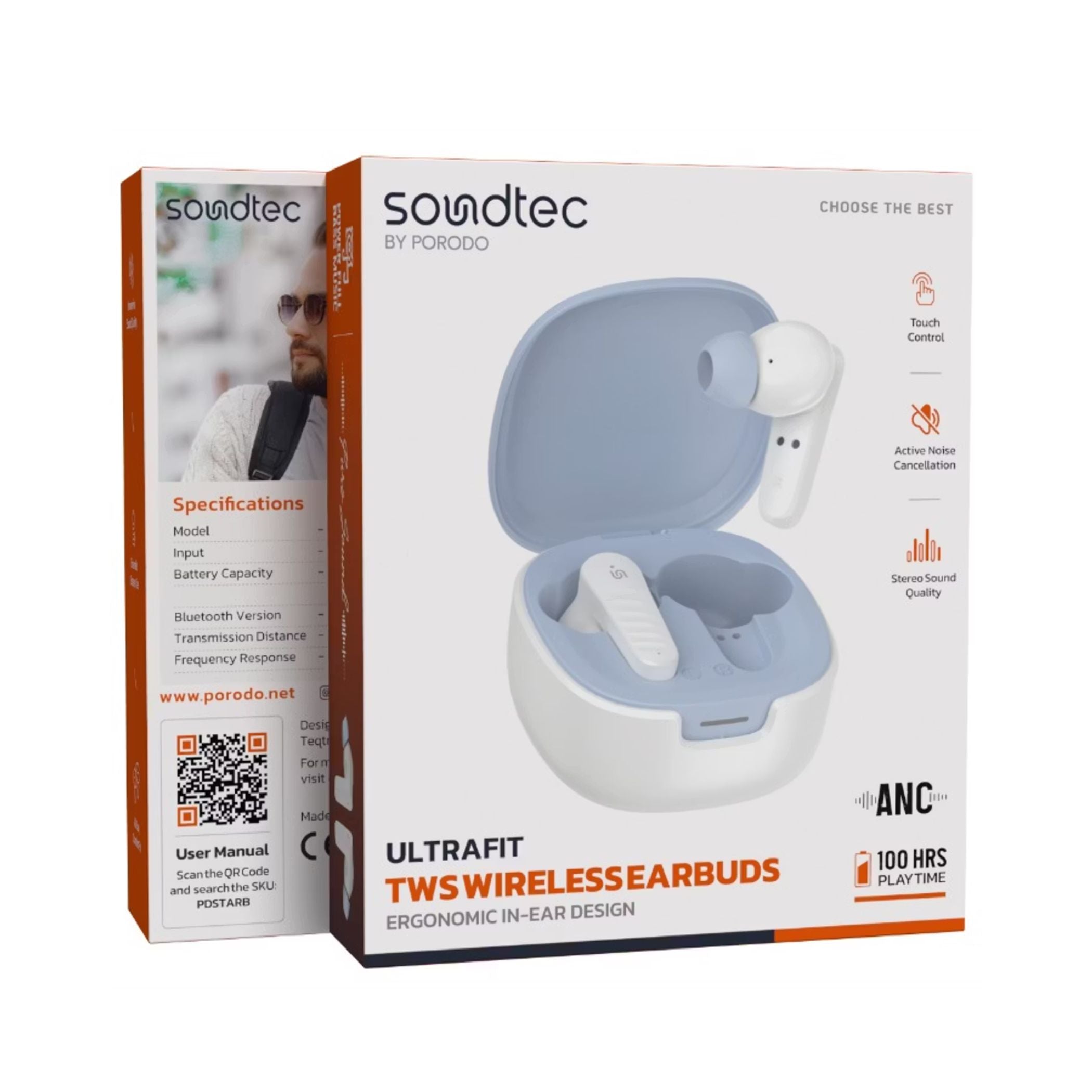 Porodo Ultrafit TWS Earbuds feature an ergonomic in-ear design, active noise cancellation, Bluetooth 5.4, and a 10m range. Enjoy up to 100 hours playtime with a 250mAh case and 40mAh earbuds. Touch control- White