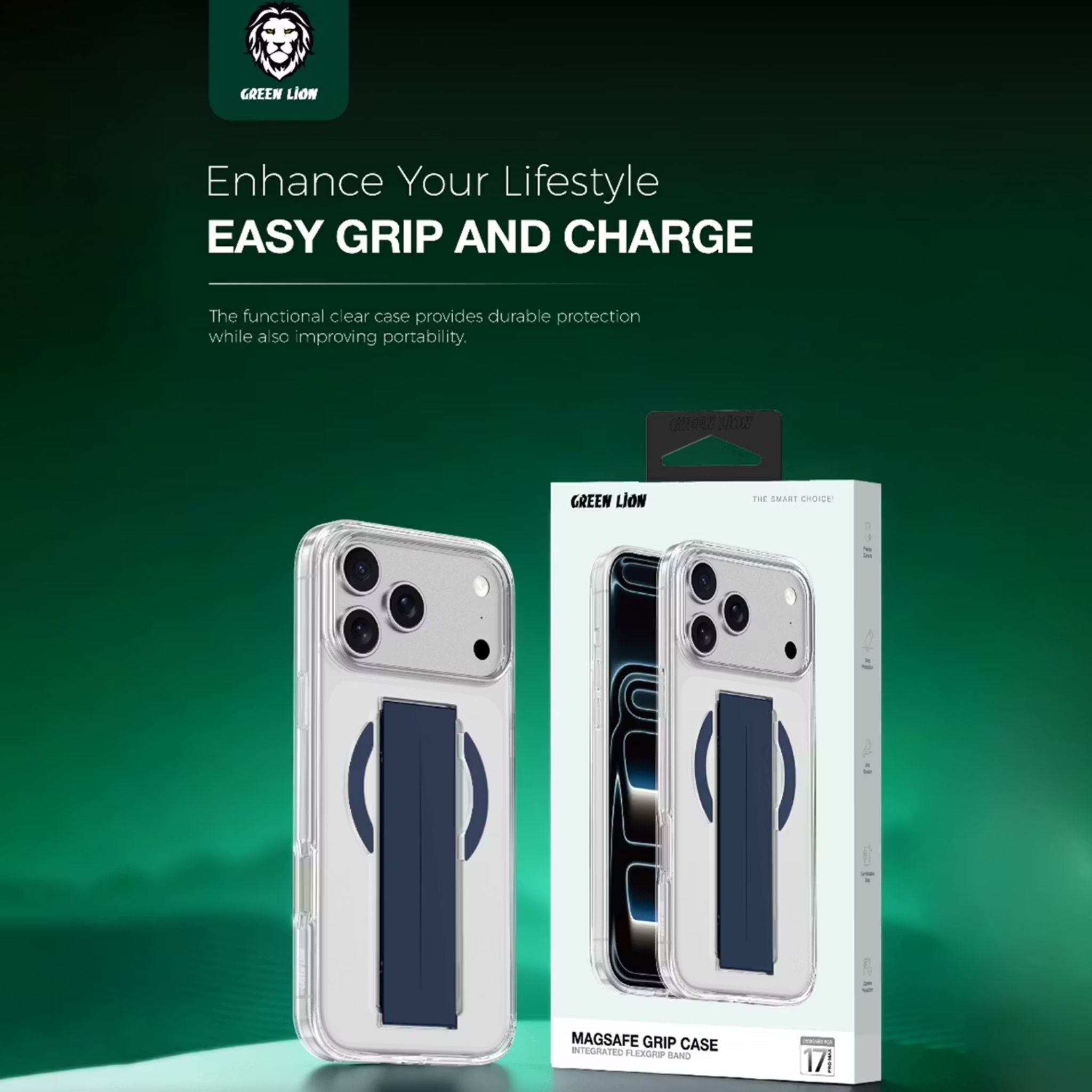 Green Lion MagSafe Grip Case for iPhone 17 Pro Max, Anti-Scratch, Camera Protection, Screen Protection, Anti-Yellowing Clarity, Comfortable Grip, Military-Grade Guard - Blue Titanium