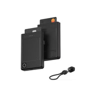 Black cardholder with attached lanyard on a white background